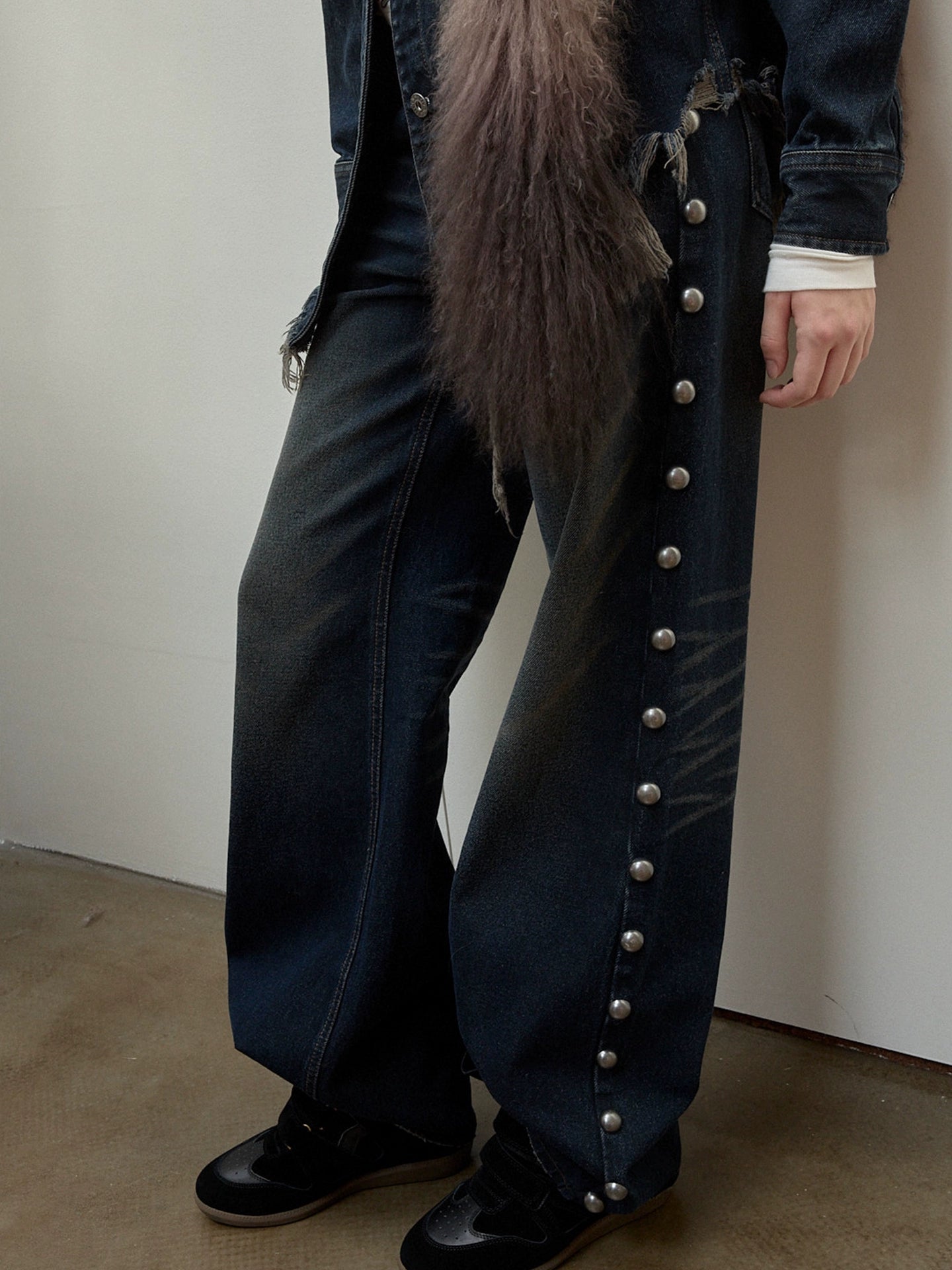 Mud-Dyed Washed Studded Straight-Leg Jeans