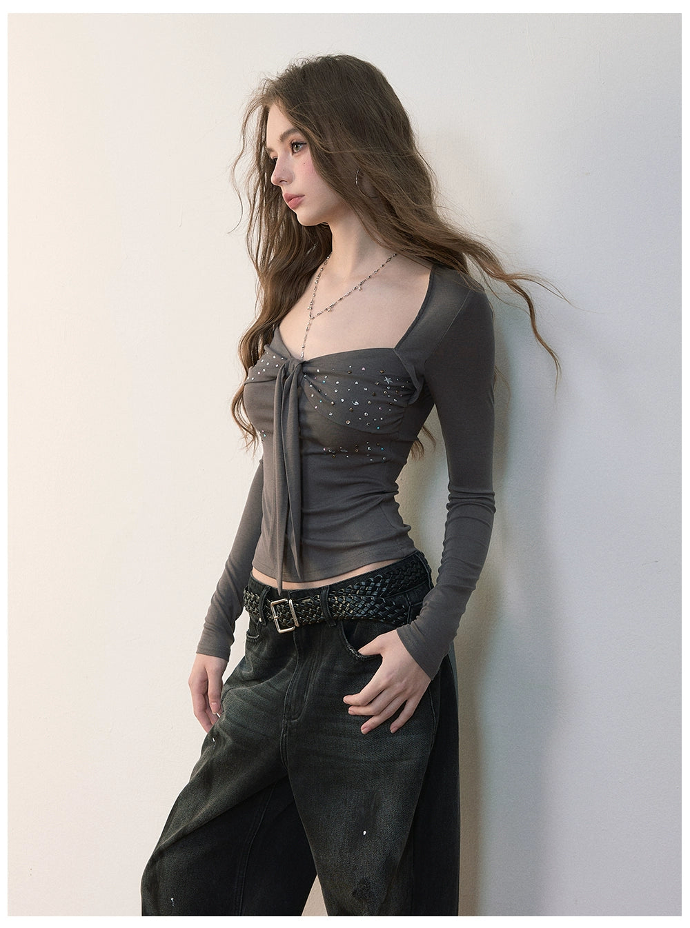 Bow Rhinestone U-neck Blouse