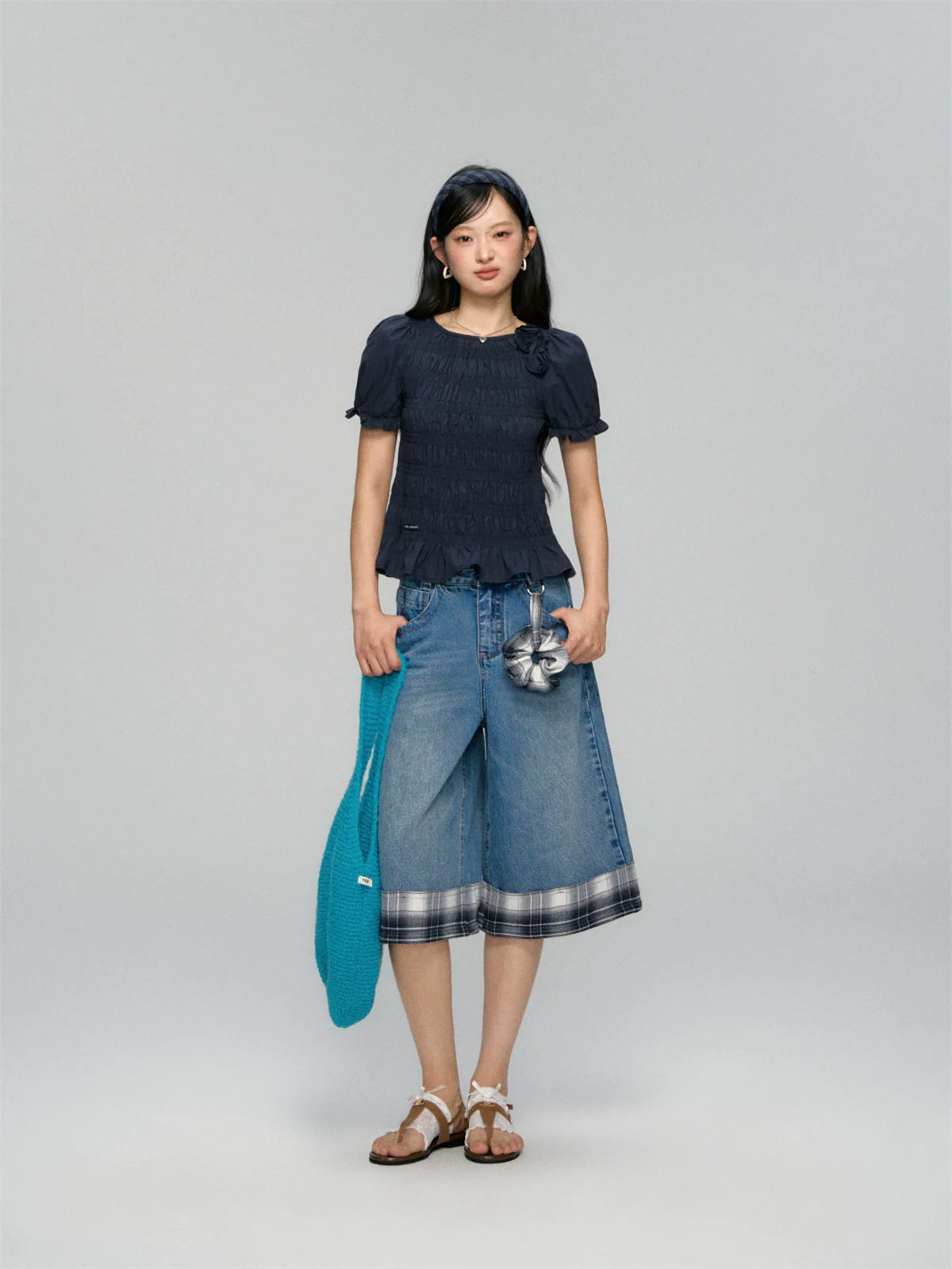 Three-Dimensional Flower Pleated Short-Sleeve Blouse
