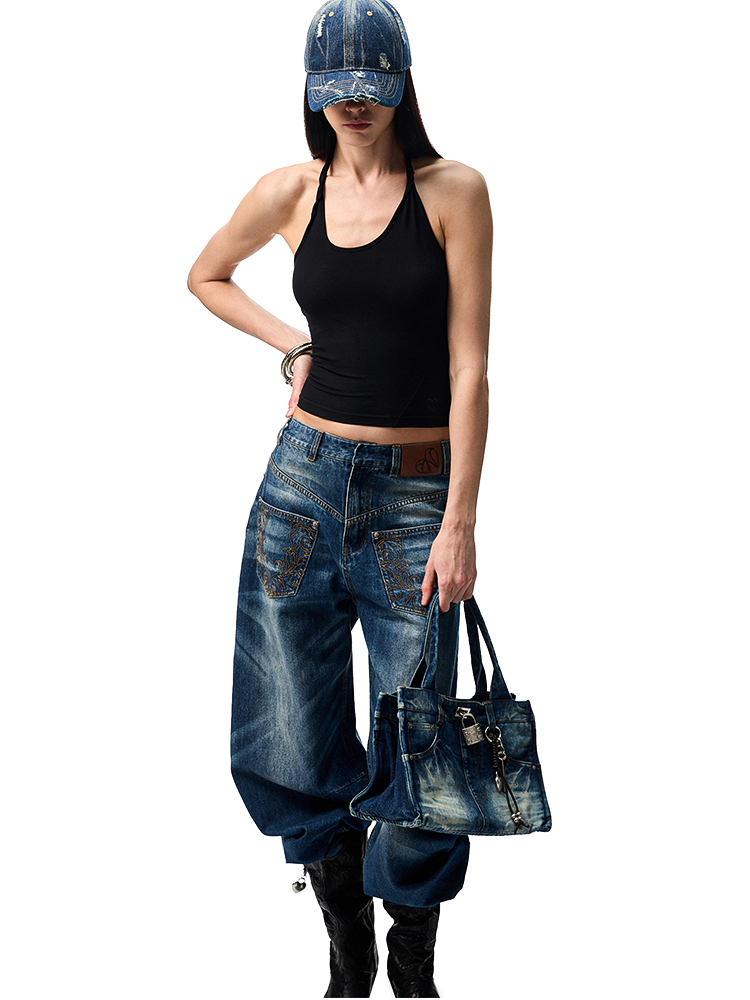 Vintage Wash Detachable Knife Denim Skirt Pants