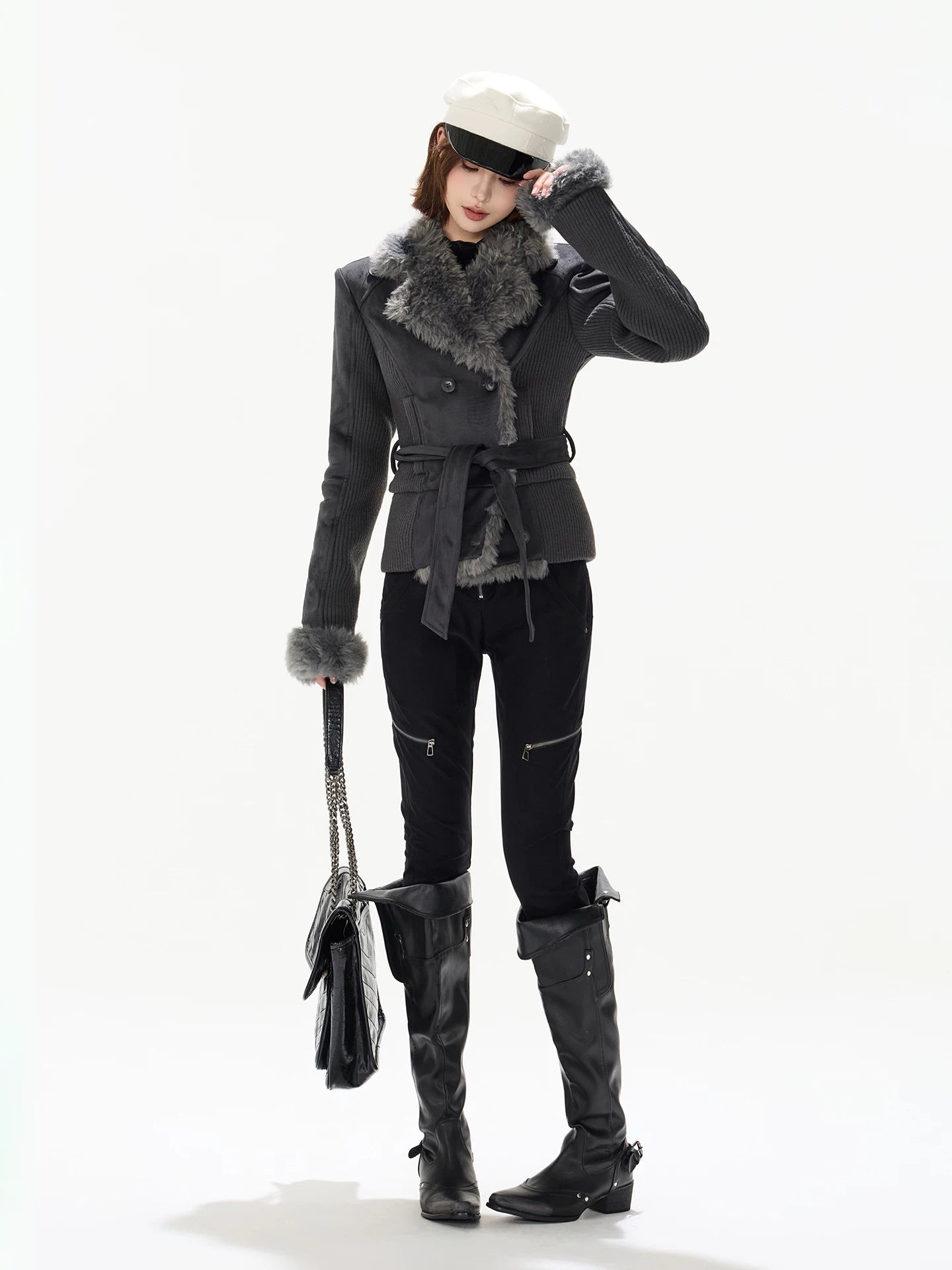 Suede Shearling Belted Jacket