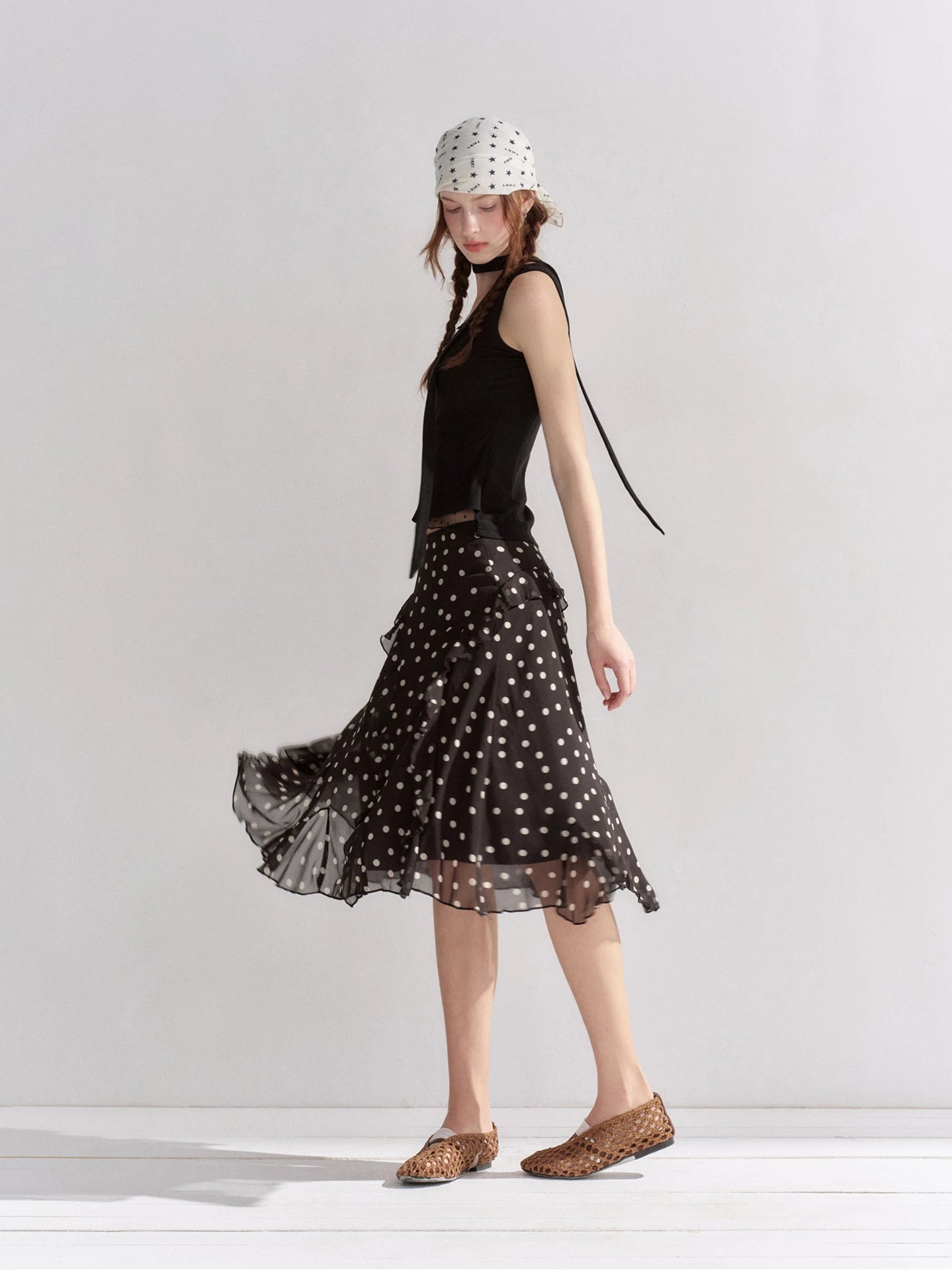 Polka Dot Ruffle Midi Skirt