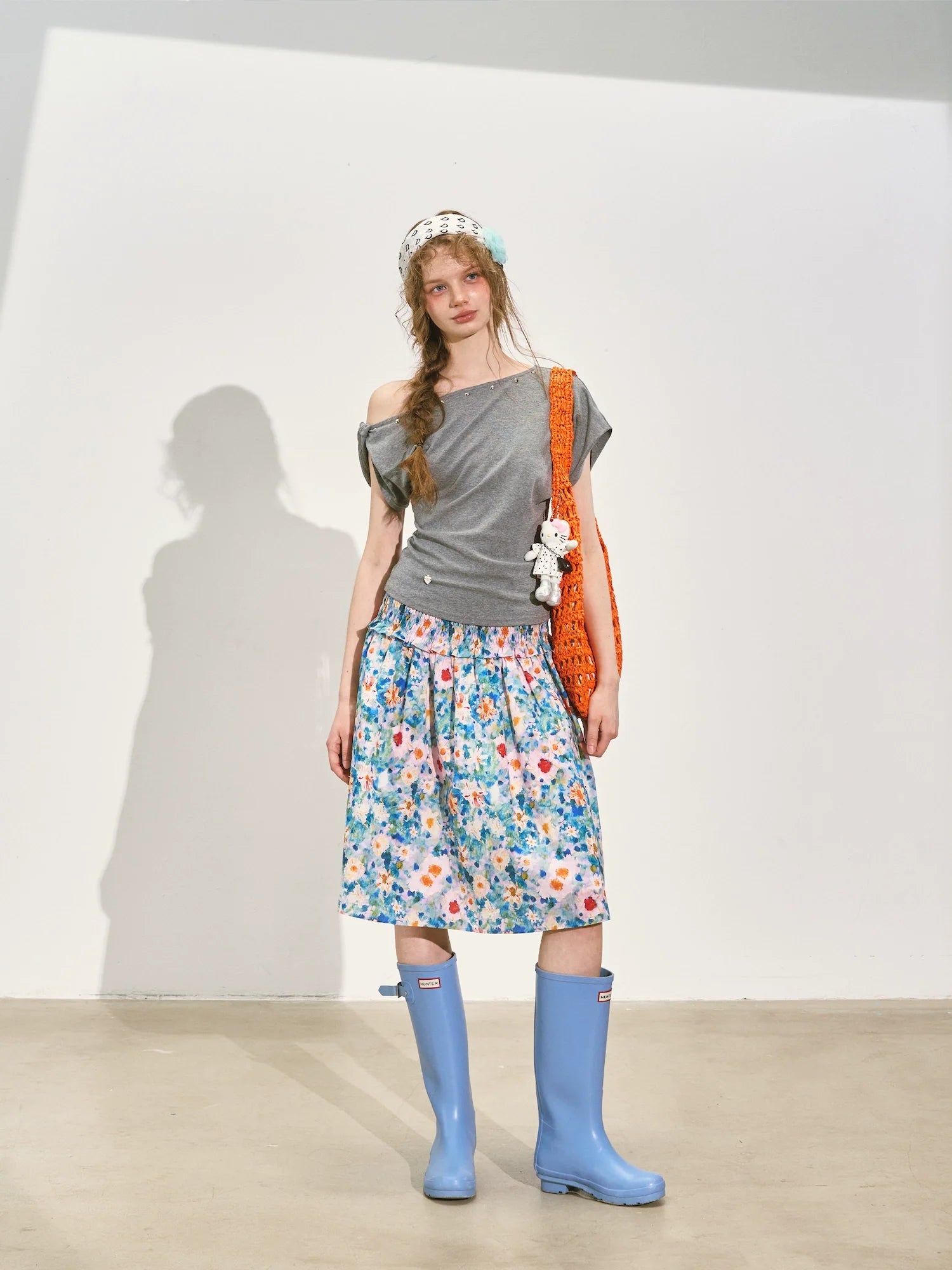 Floral Waist-cinching Slim-fit Midi A-line Skirt