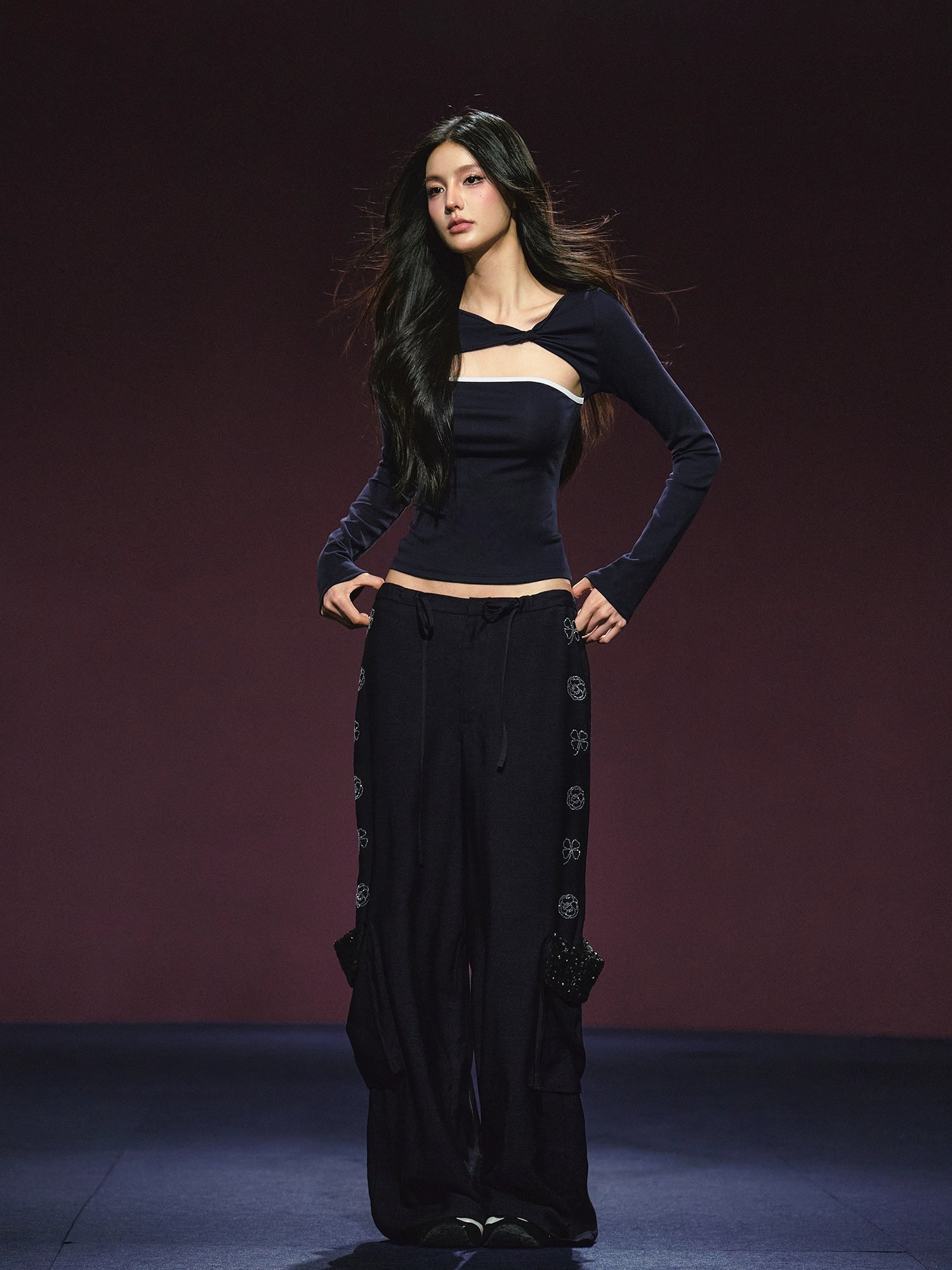 Rhinestone Pocket Drawstring Wide-Leg Pants