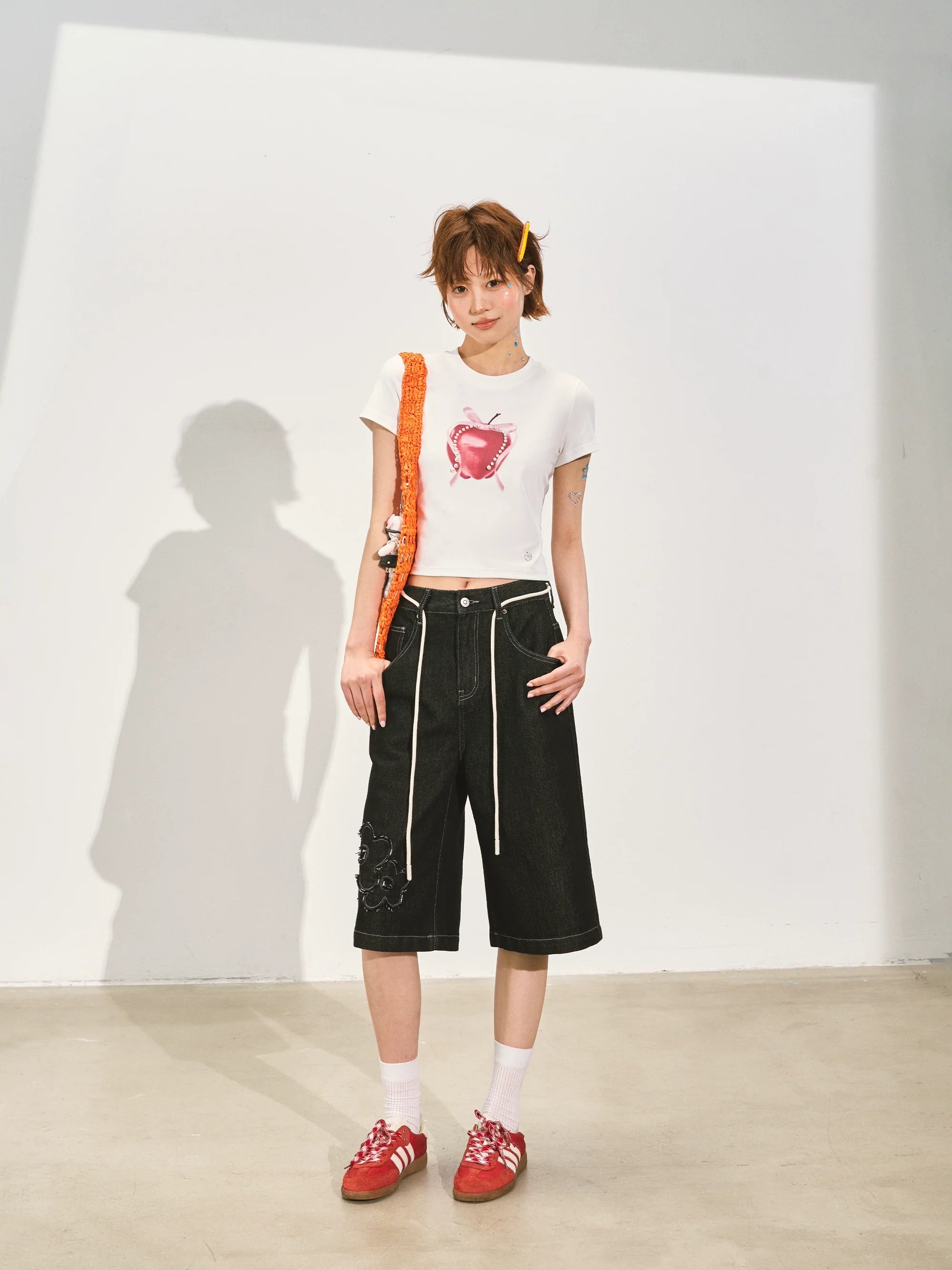 Pearl Bow Fruity Slim-fit Short Sleeve T-shirt
