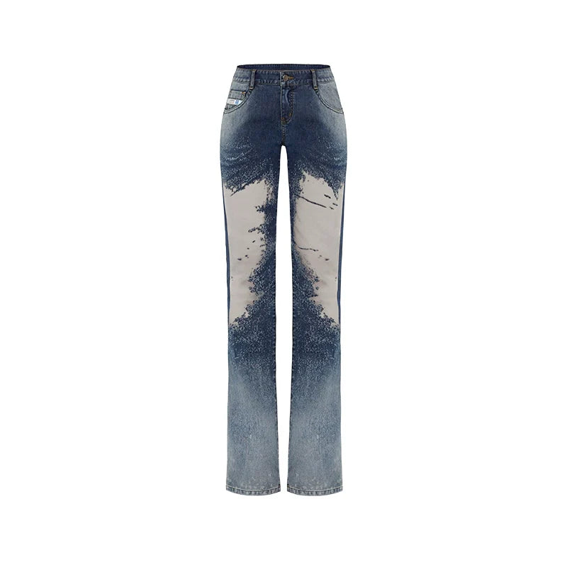 Blue Mesh Patchwork Low-Rise Flared Pants
