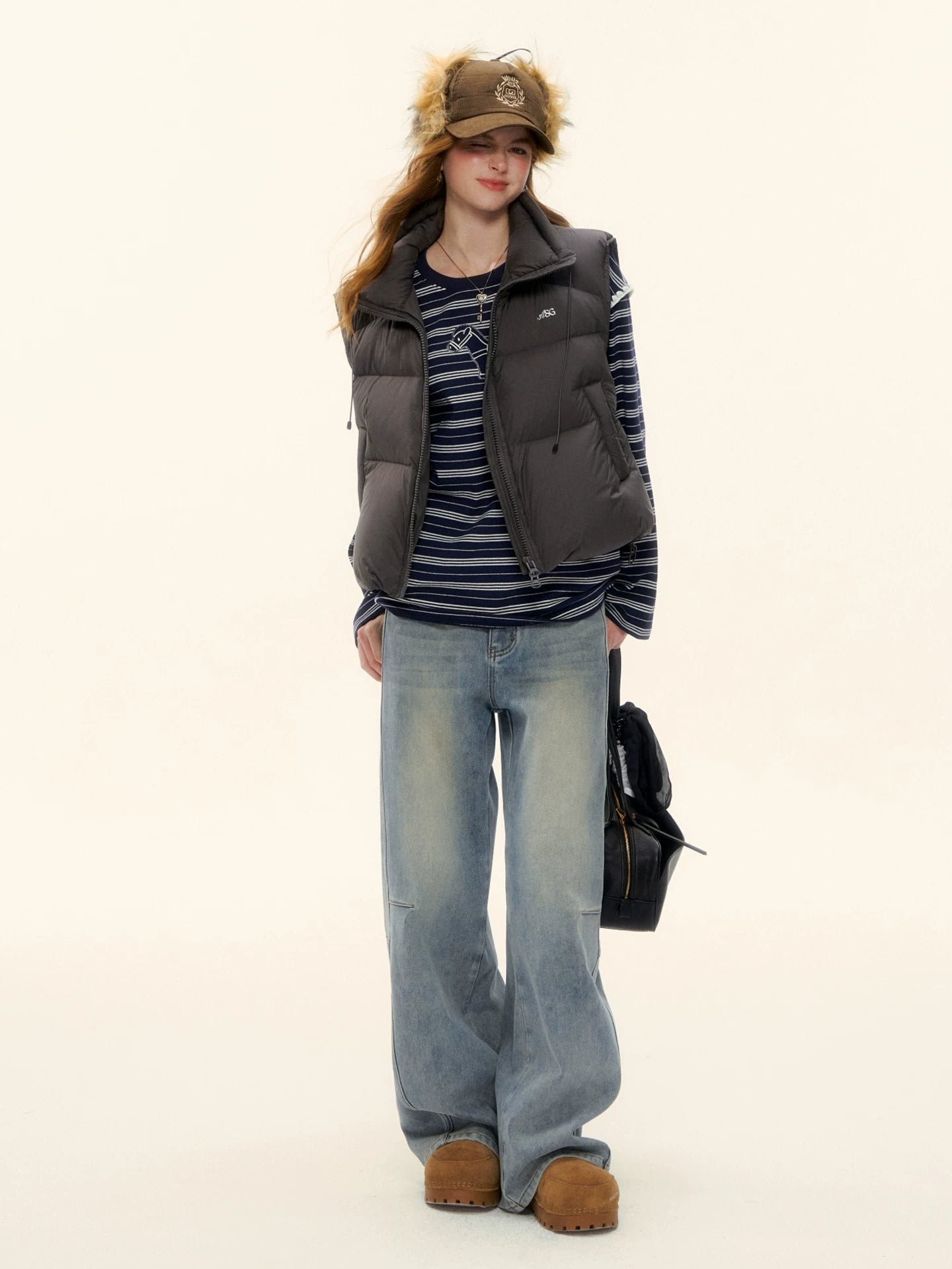 Washed Denim Curved-Cut Pants