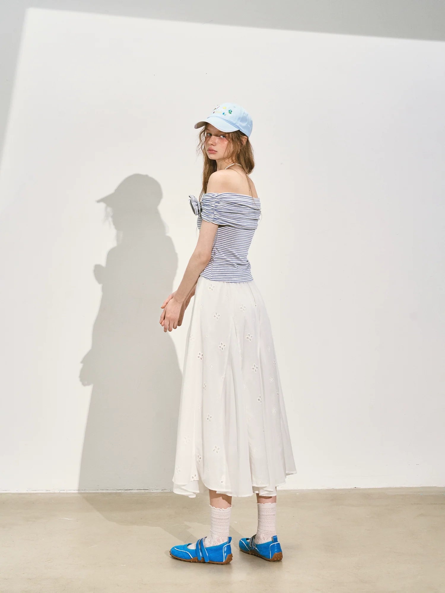 Striped Off - Shoulder Rose T - shirt