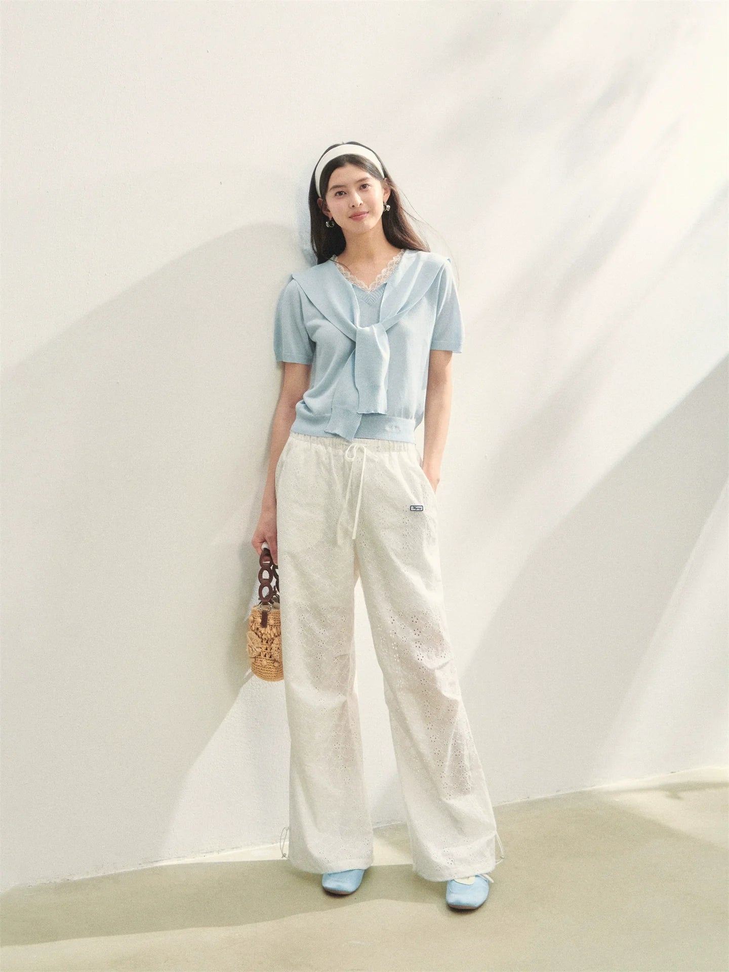 Hollow Embroidery Tie-up Casual Pants