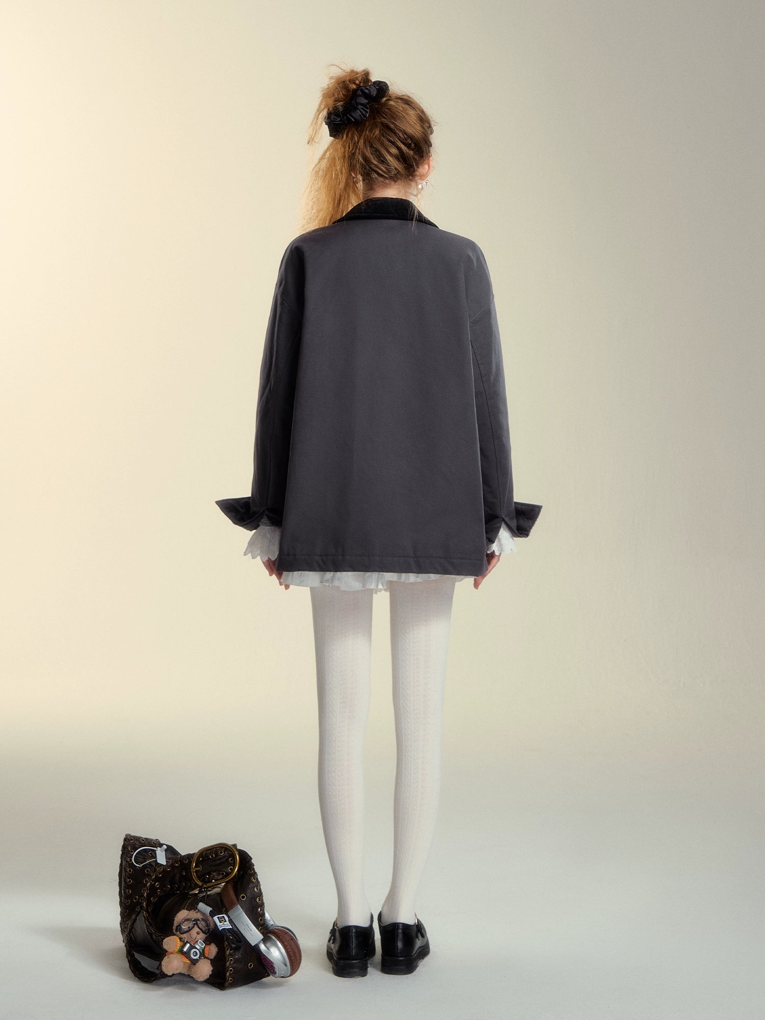 Colorblock Lapel Ruffle Puffer Coat