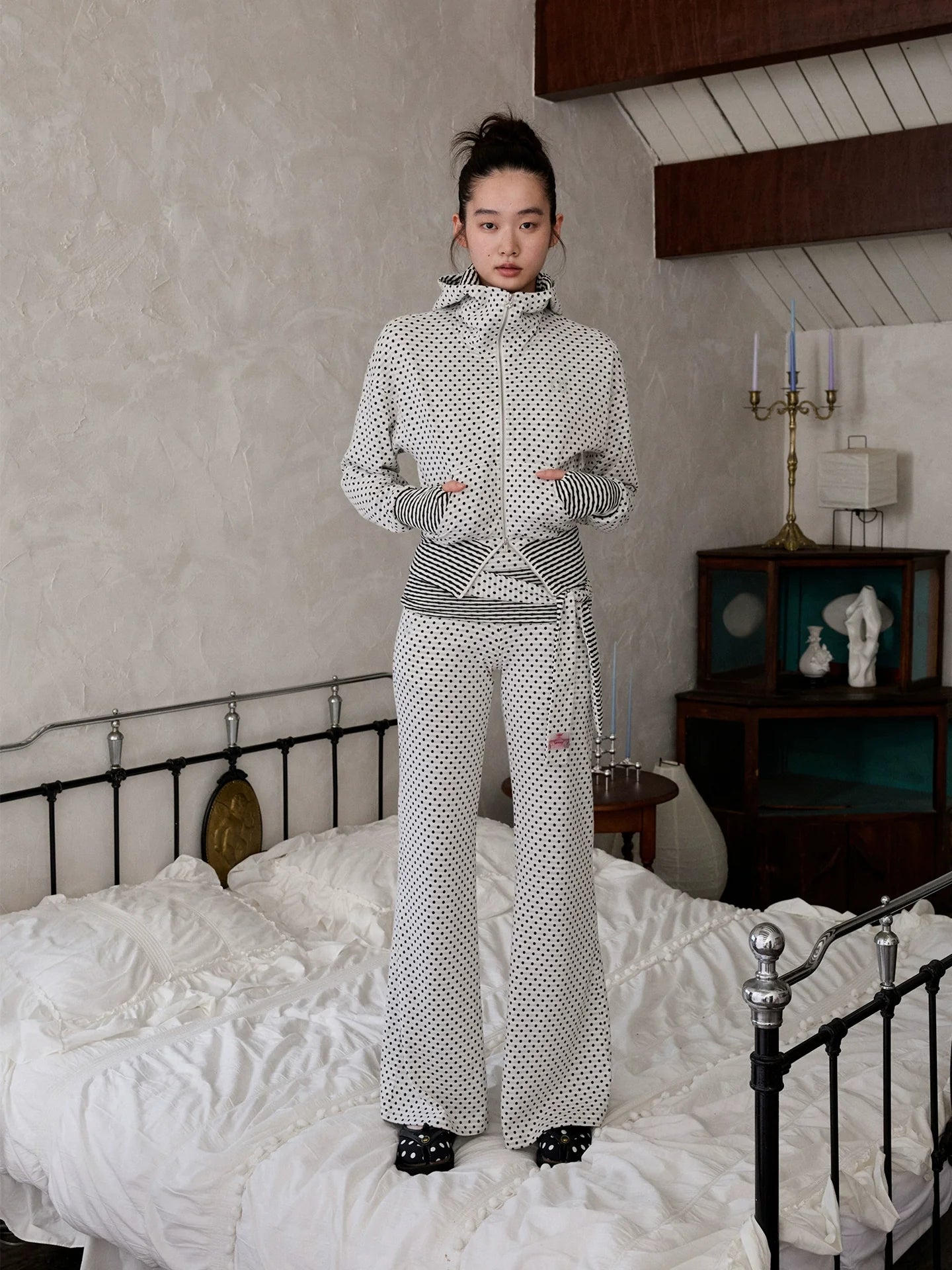 Double-Slider Small Polka Dot Devil Horn Hoodie