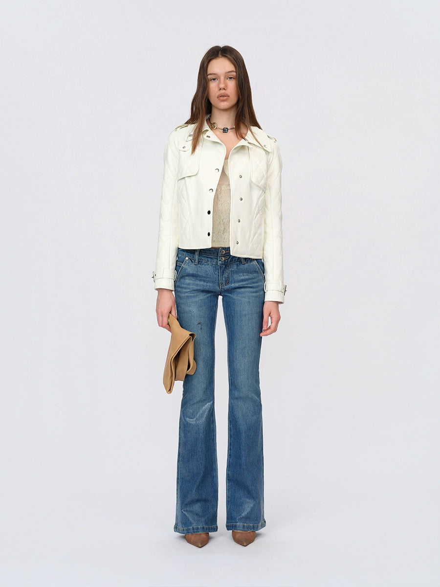 White Paneled Fitted Faux-Leather Jacket