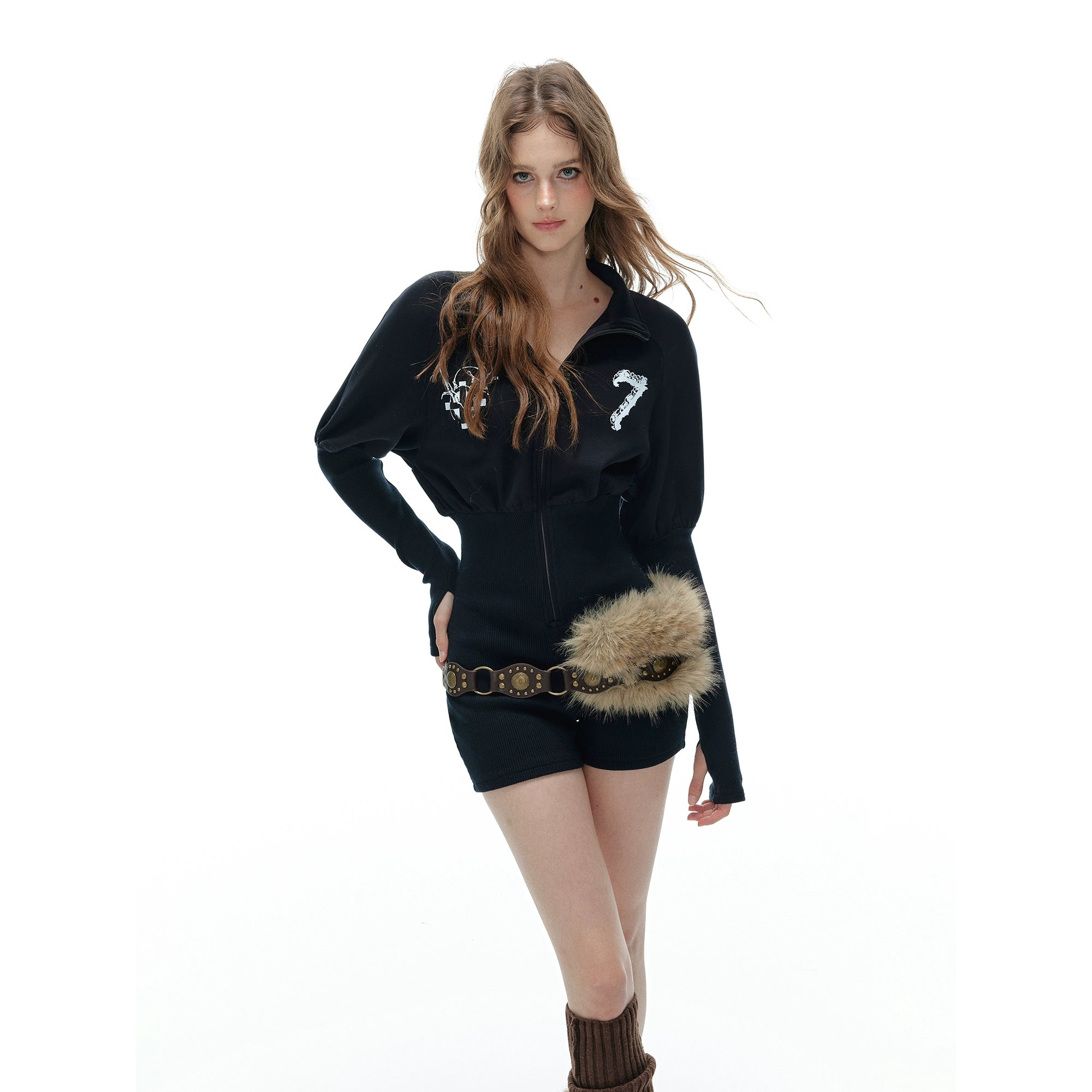 Black Waist-Cinching Casual Sports Sweatshirt