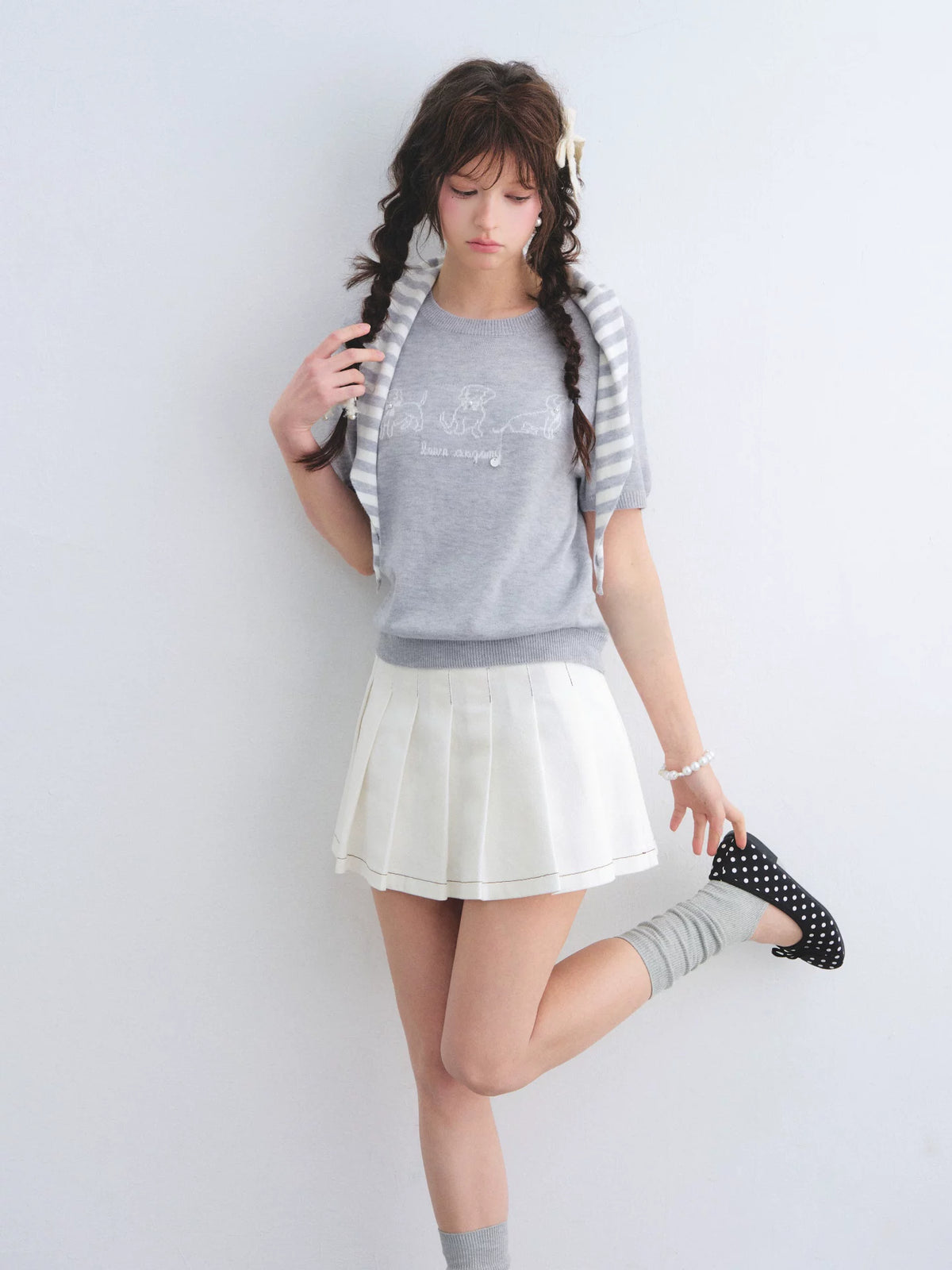 Washed Pleated Denim Skirt