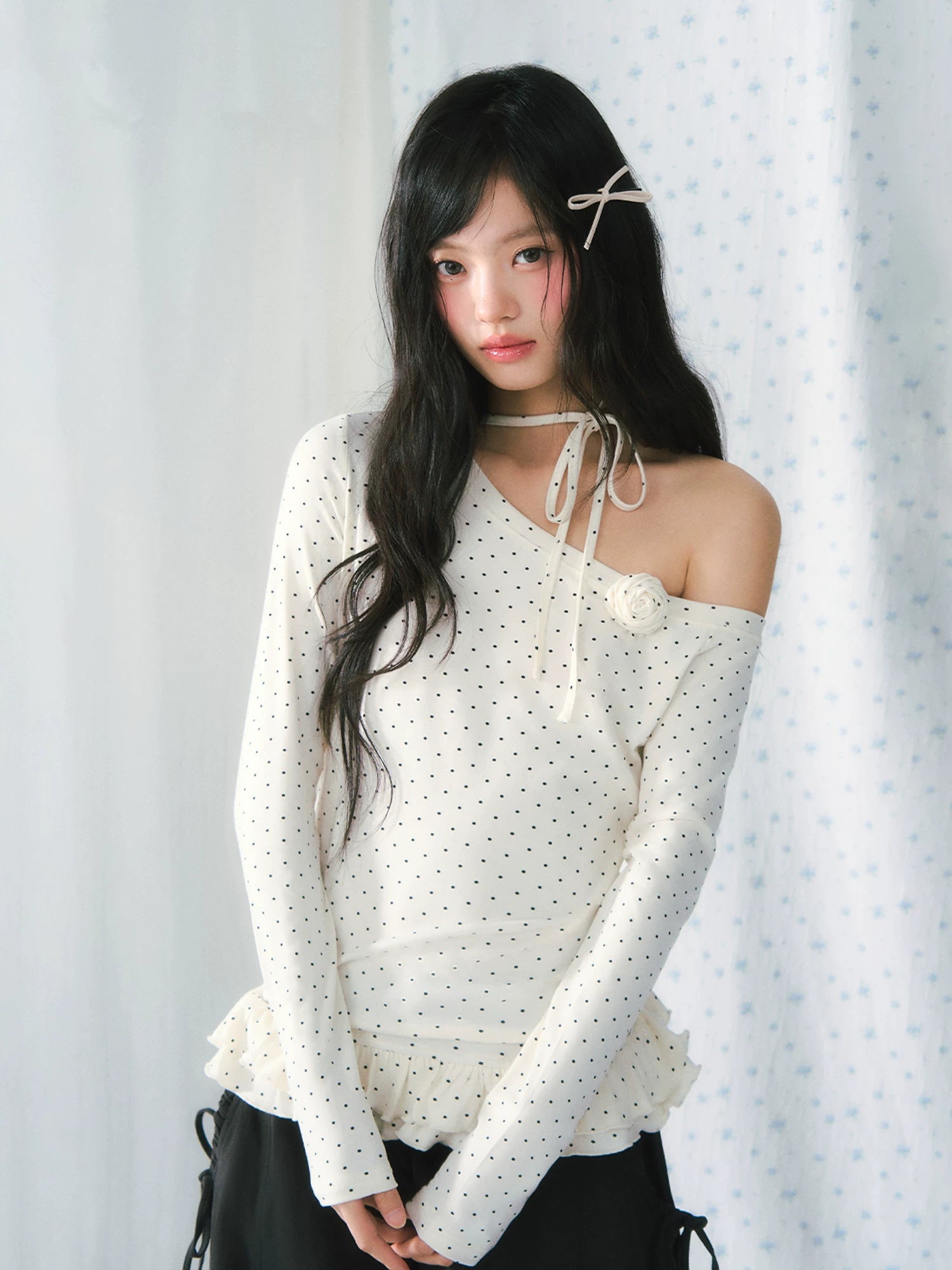 Polka Dot Ruffle One-Shoulder Top
