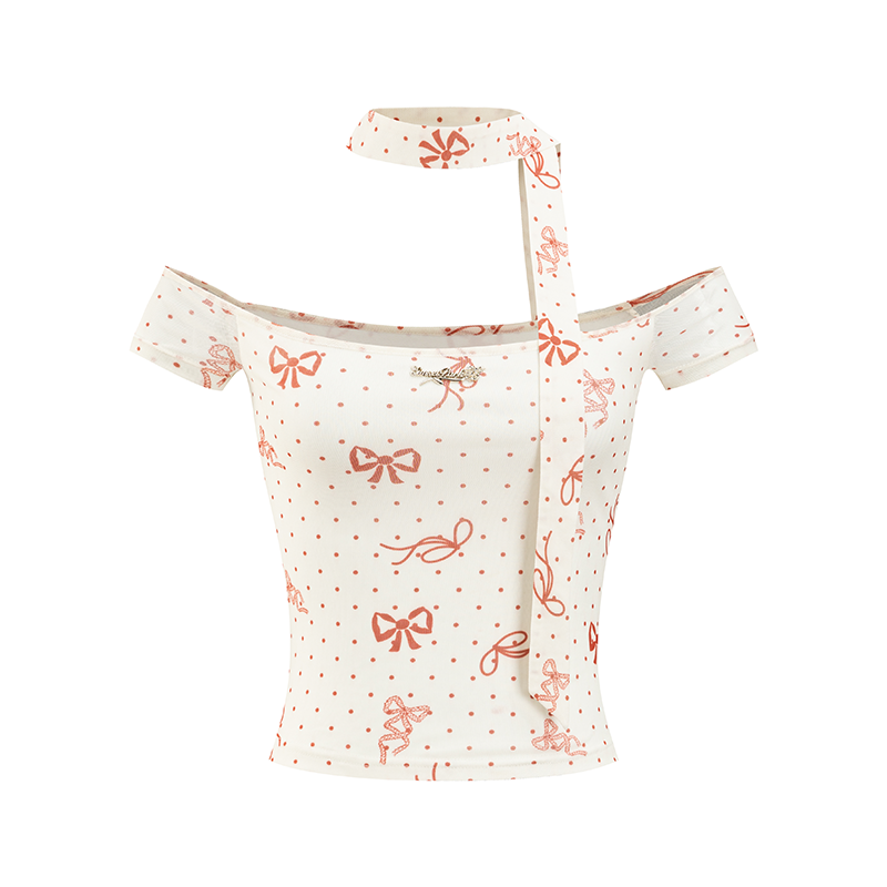 Red Polka Dot & Pink Butterfly Mesh One-shoulder T-shirt
