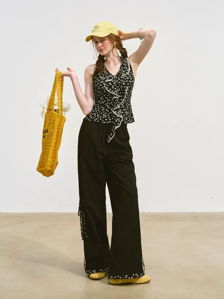 Floral-Patchwork Lightweight Checkered Utility Pants