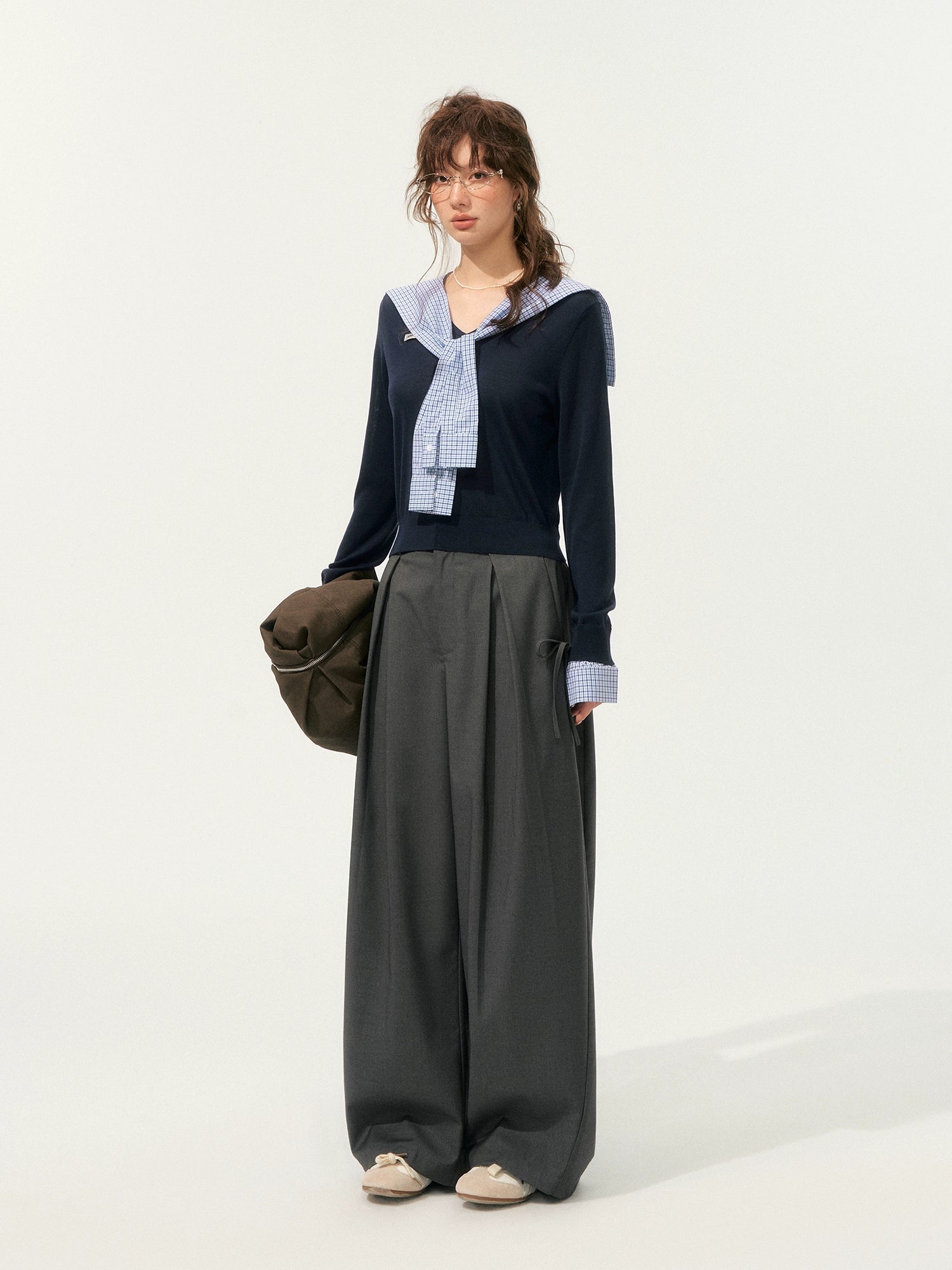 Fake Two-Piece Twist-Knot Spliced V-Neck Knit Top