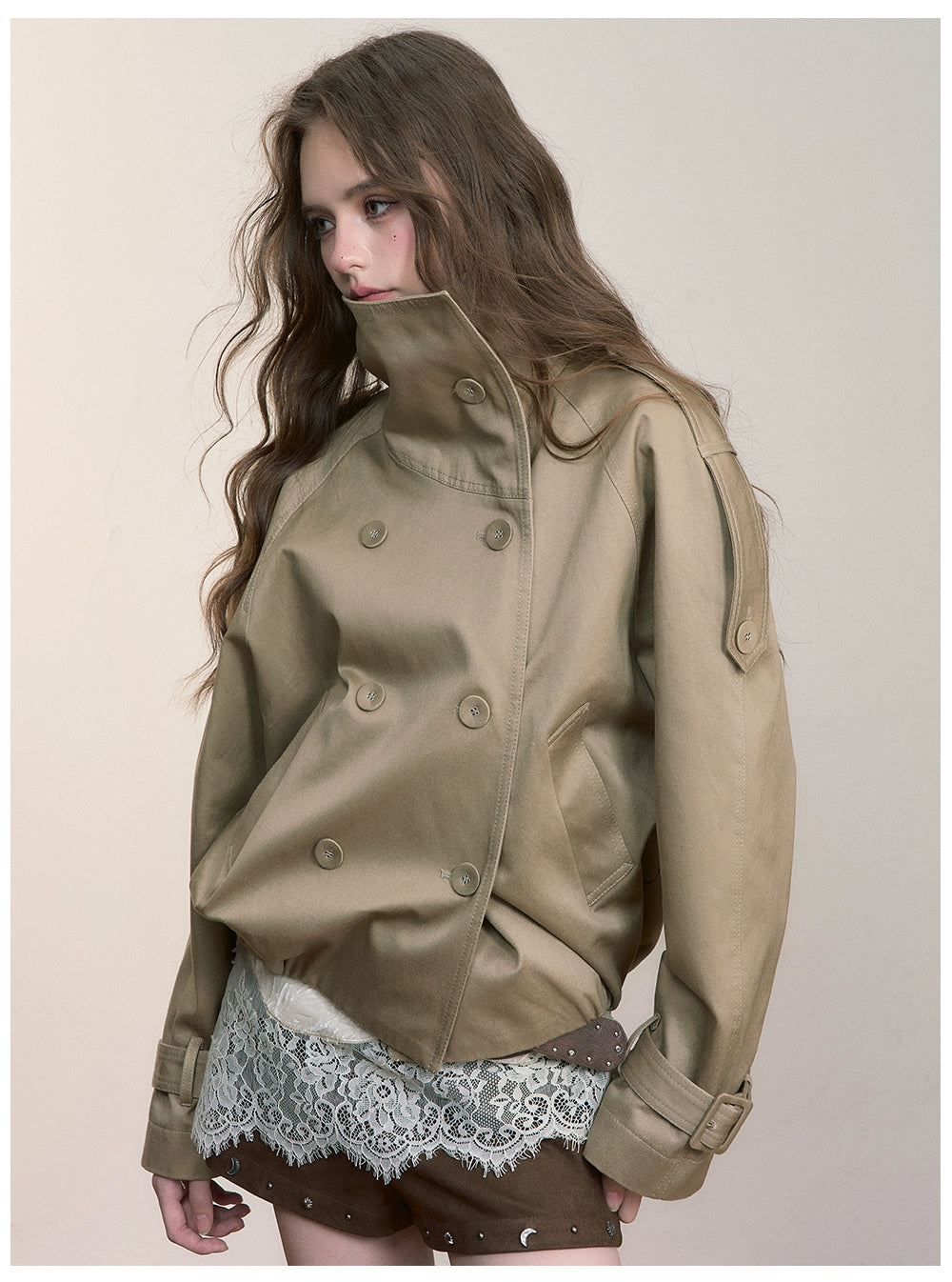 Vintage Pleated Stand Collar Jacket