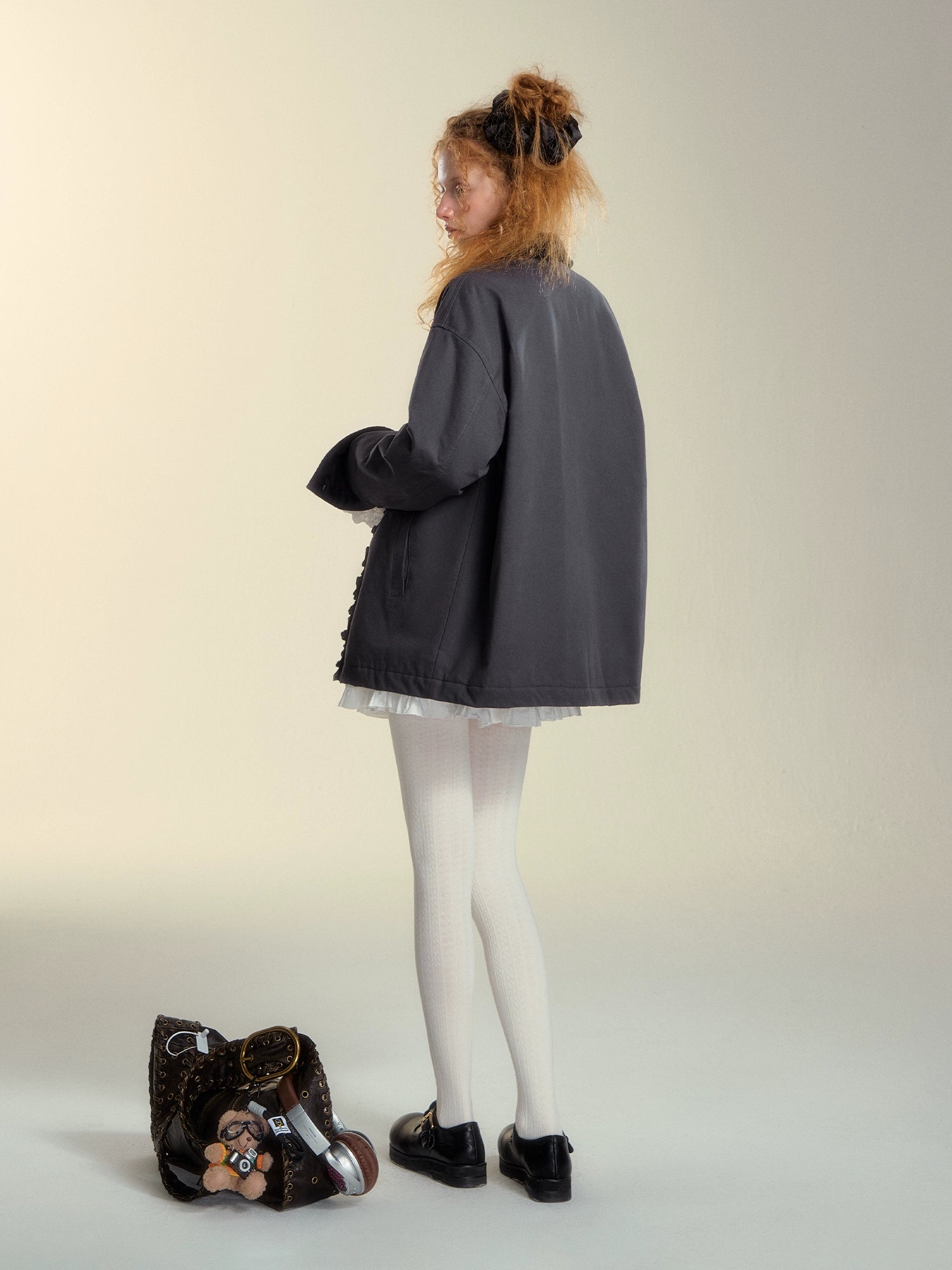 Colorblock Lapel Ruffle Puffer Coat