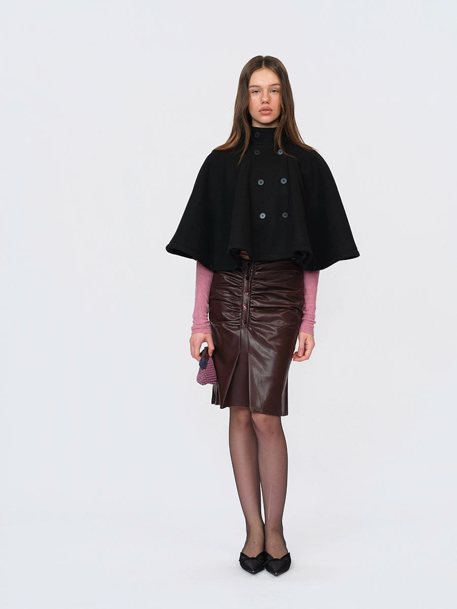 Black Wool Short Double-breasted Cape