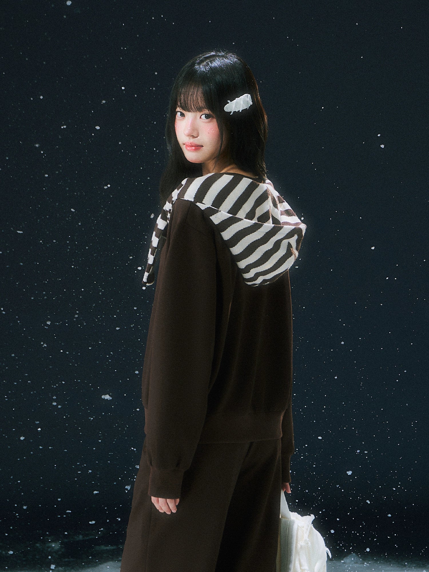 Brown Stripe Hooded Faux Two-piece Sweatshirt