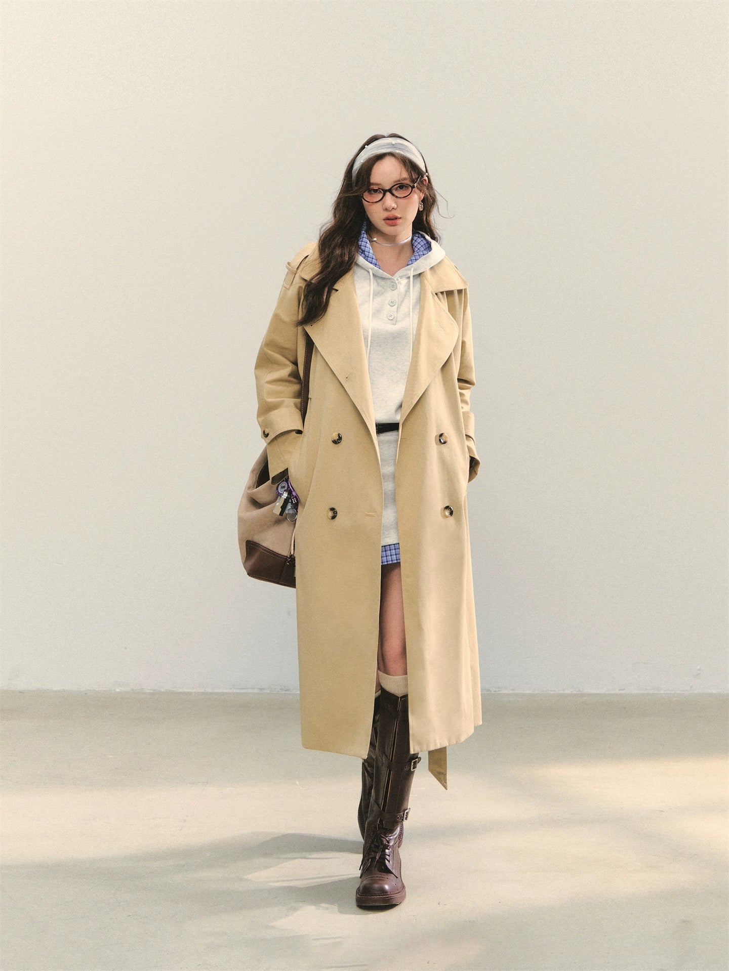 Khaki Embroidered Collar Khaki Long Trench Coat