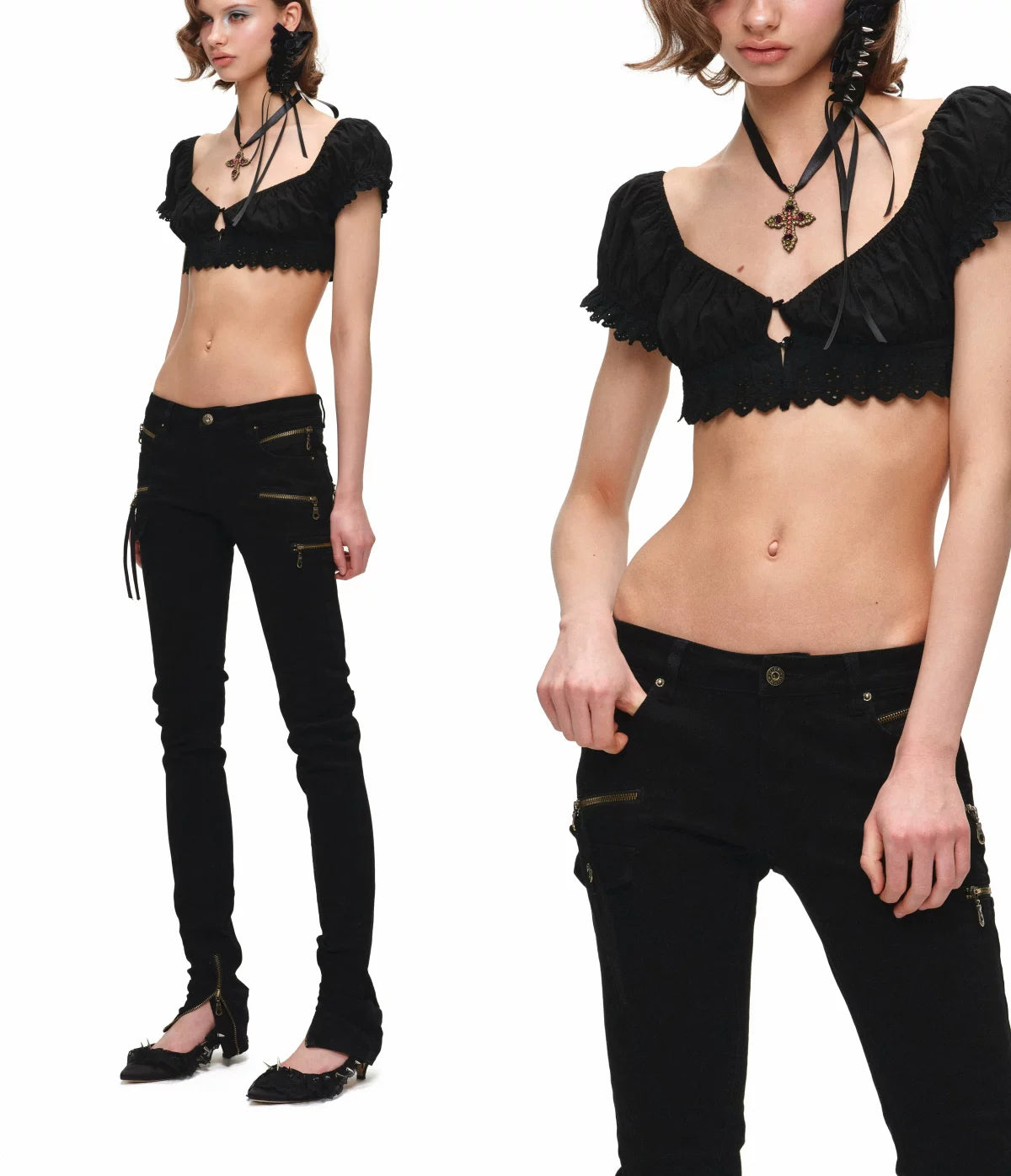 Jacquard Puff Sleeve Crop Top