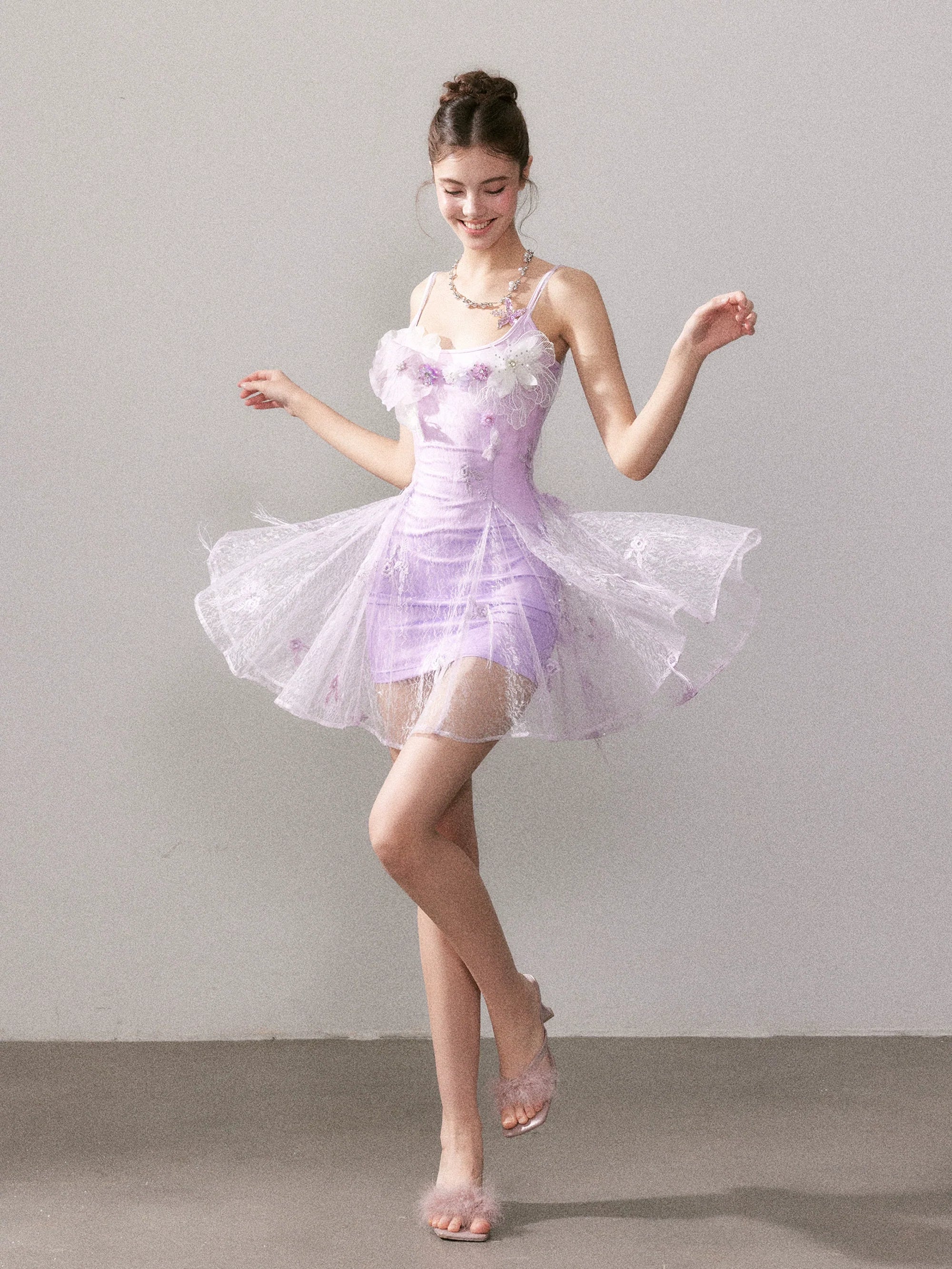 Purple Gradient Embroidered Lace Dress