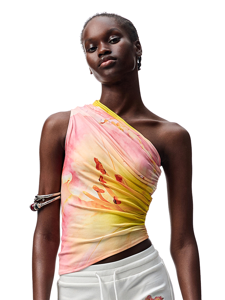 Slanted Shoulder Wrinkle-Printed Floral Vest