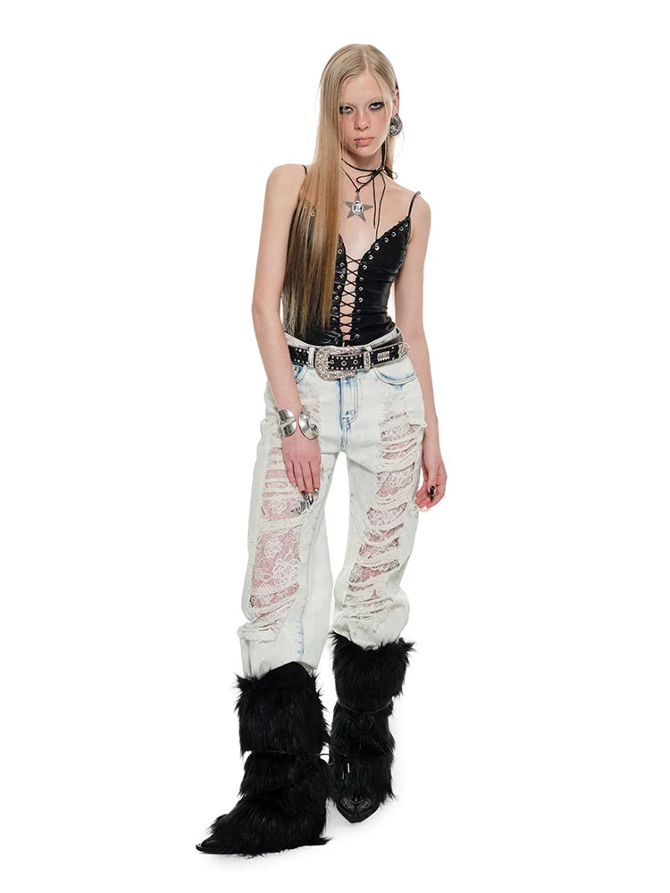 Blue & Black Ripped Lace Denim Jeans