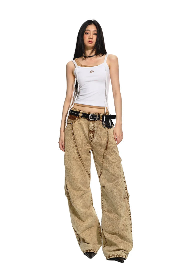 Brown Retro Loose-fit Wide-leg Jeans