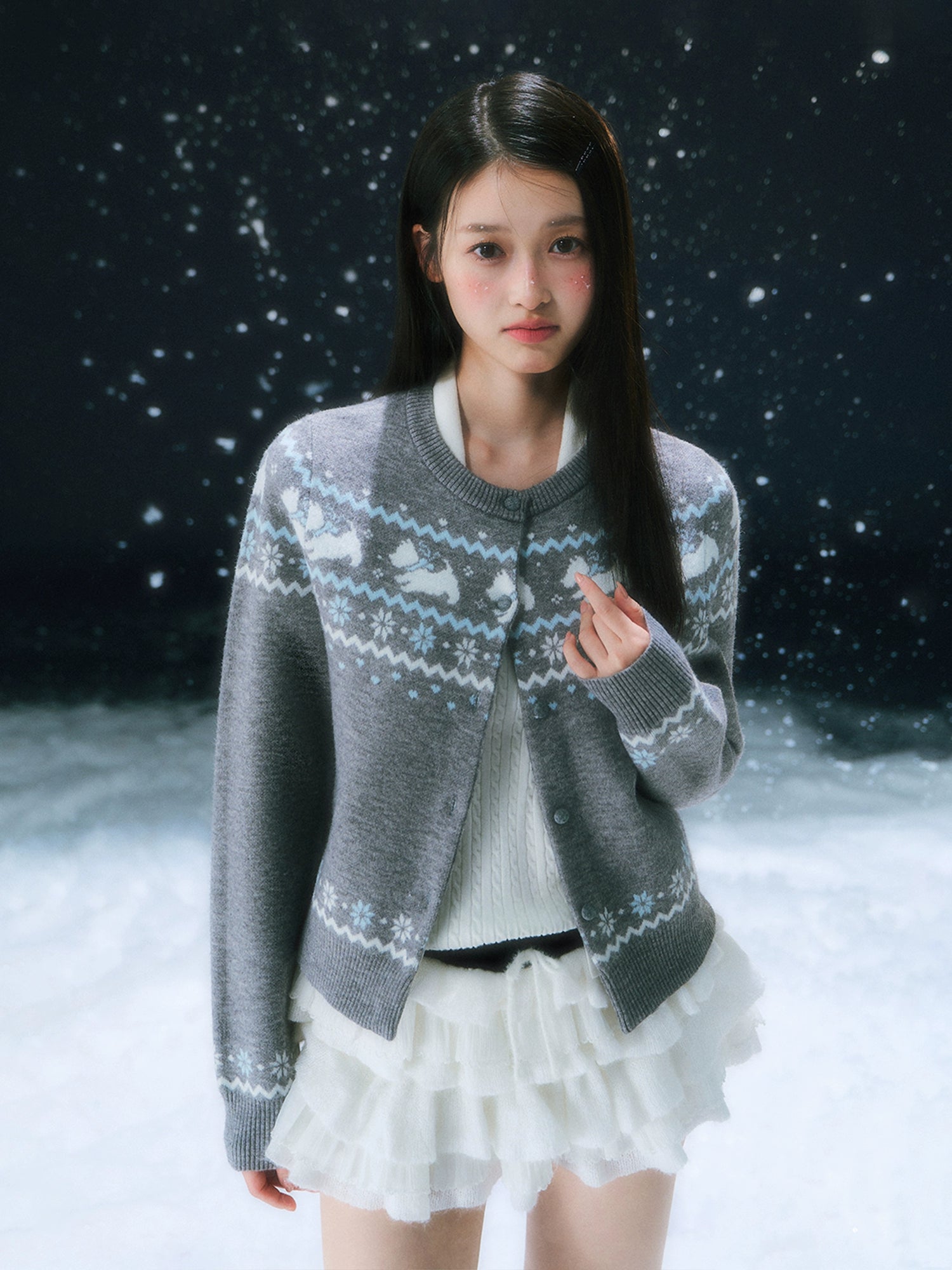 Gray Fair Isle Pattern Knit Cardigan