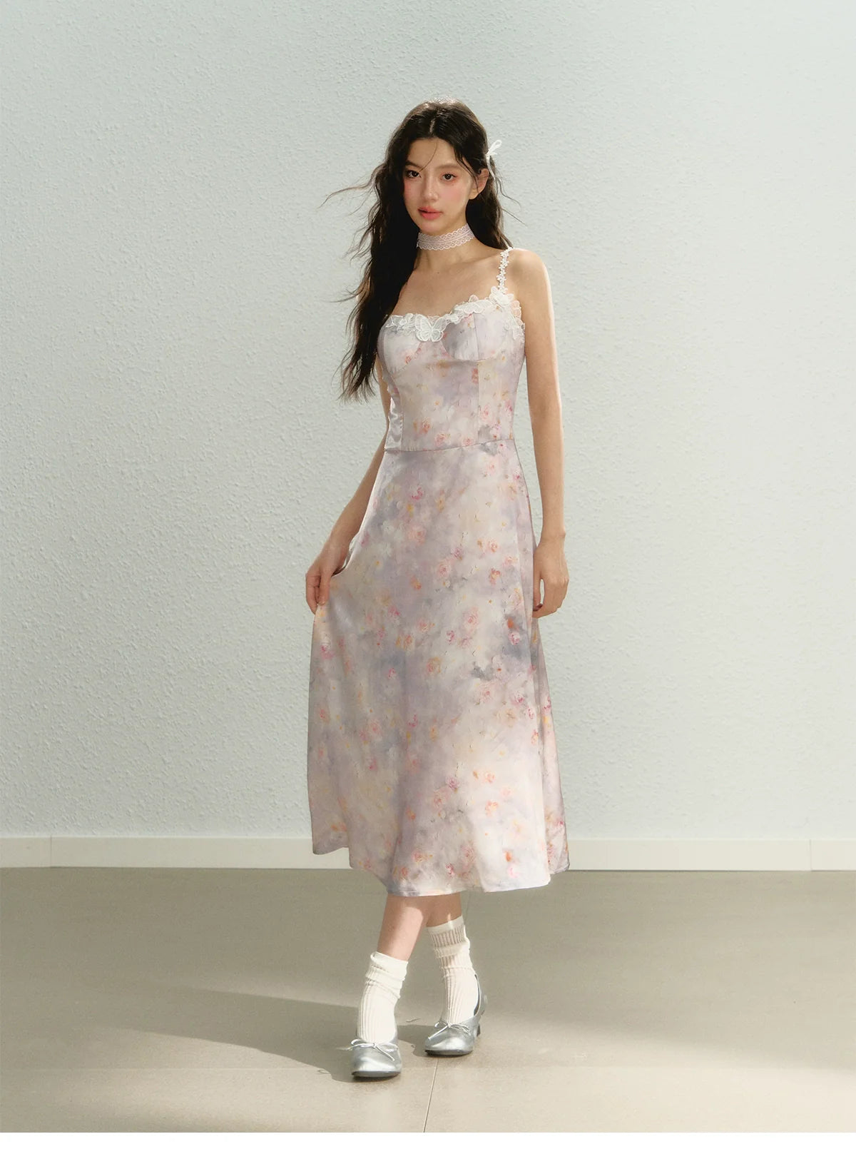 Purple New Chinese Style Printed Cami Dress