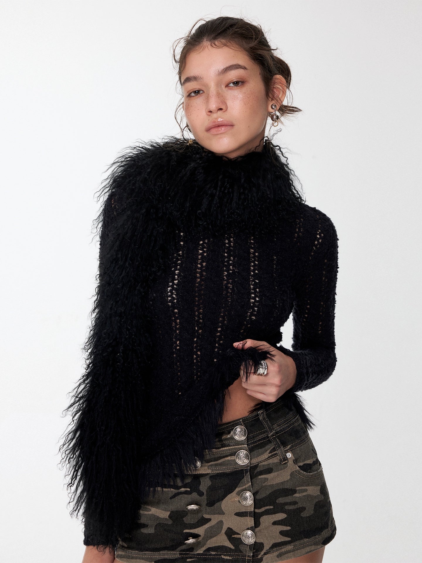 Cable Knit Faux-Fur Trim Fitted Sweater