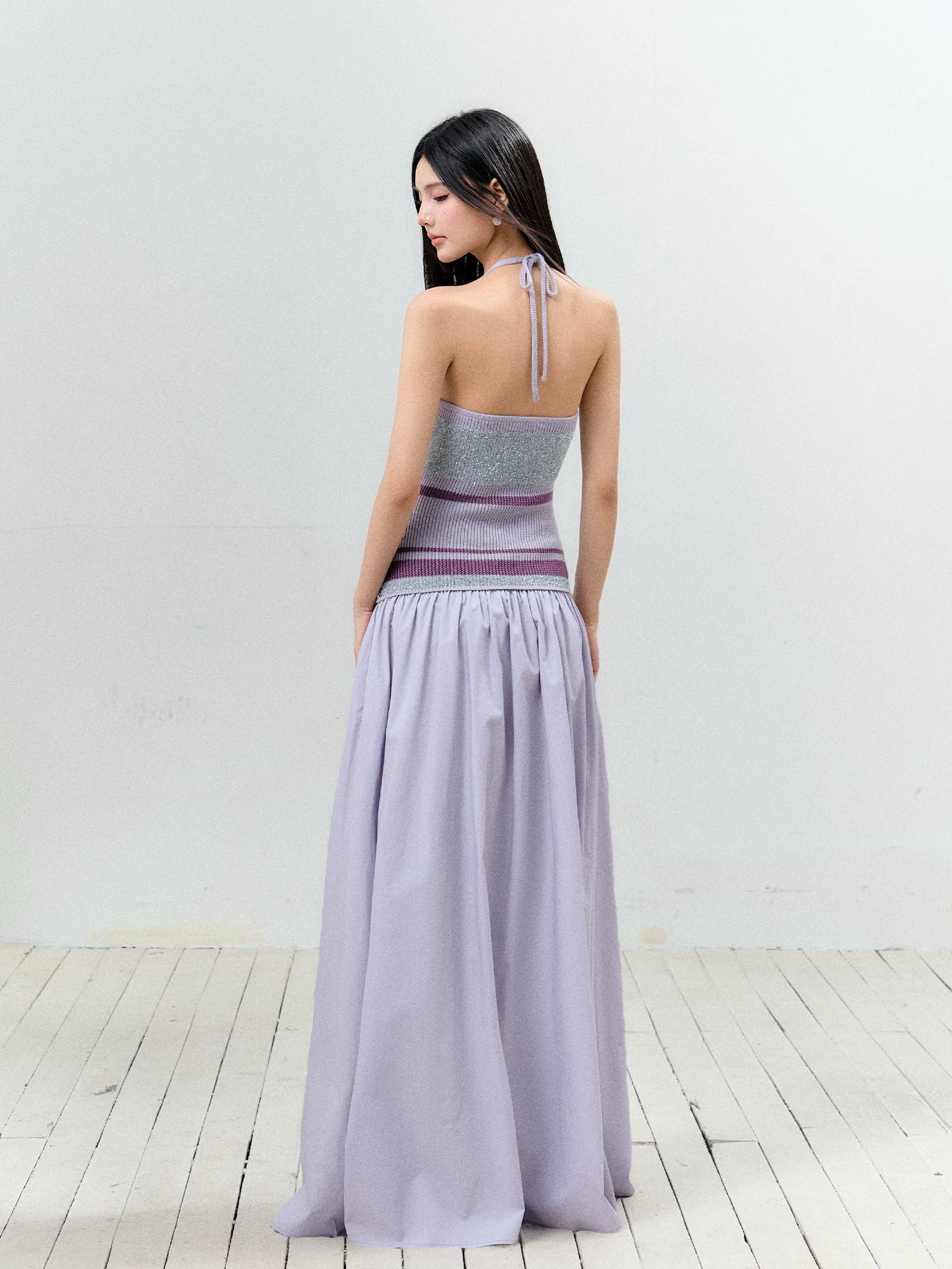Lurex Halter V-Neck Backless Maxi Dress