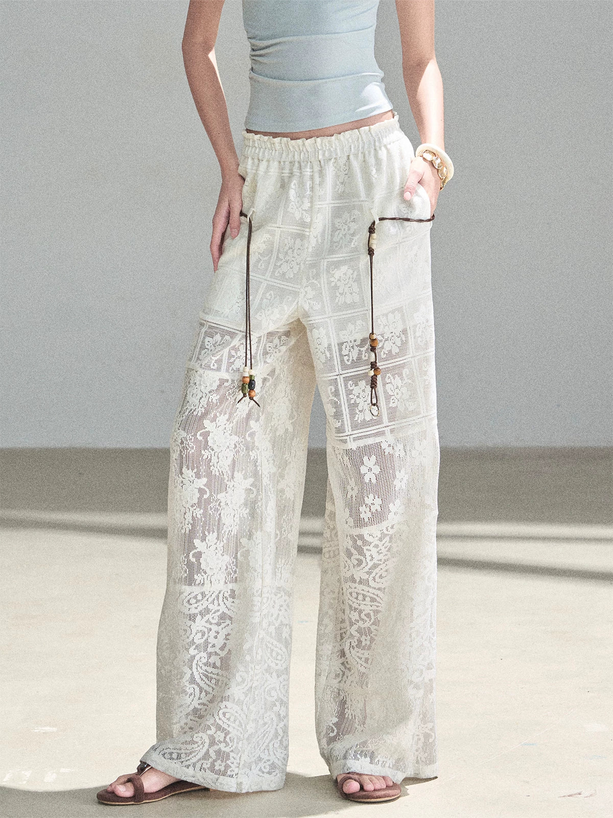 White Lace Hollow Wide Leg Pants