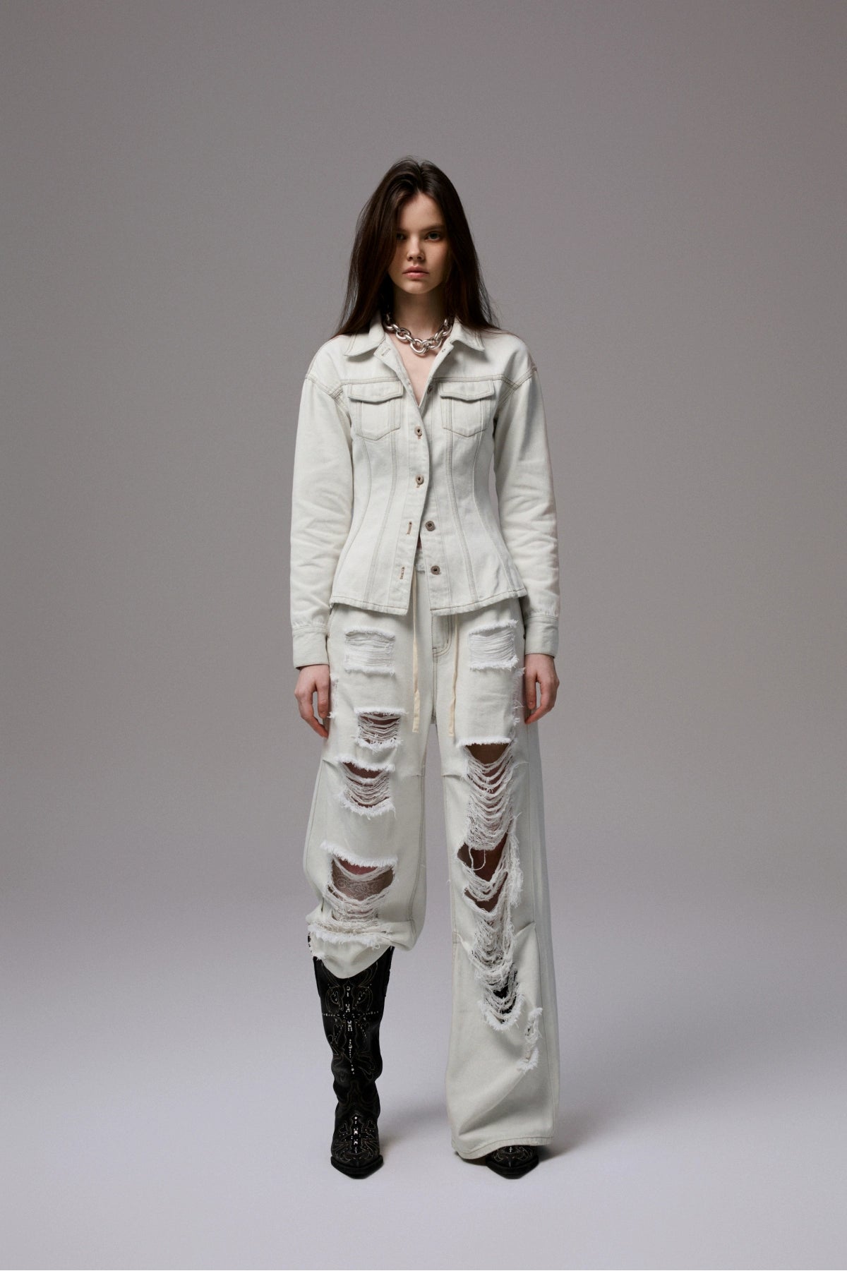 Distressed White Structured Denim Jacket