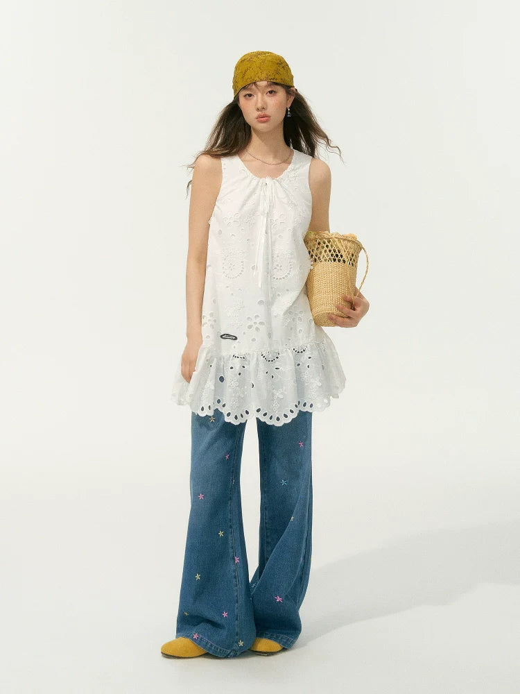 Embroidered High-Waisted Wide-Leg Pants