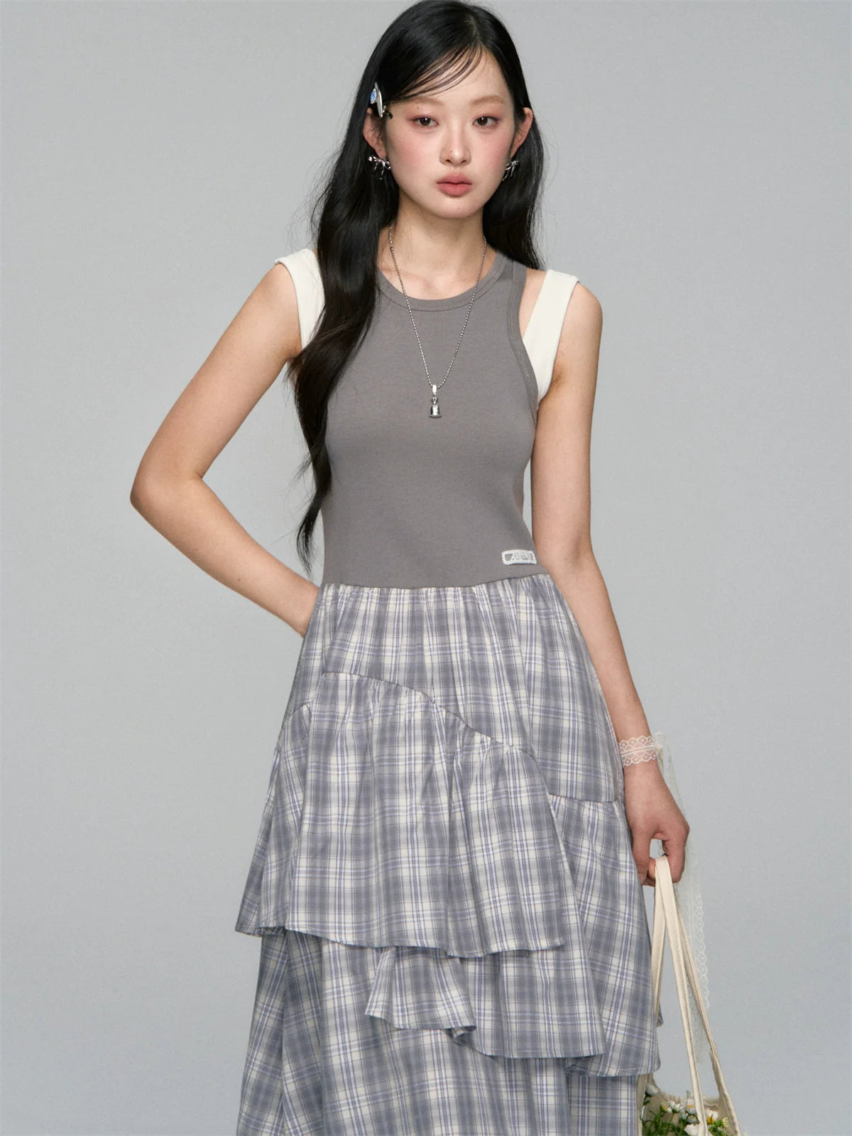 Plaid Asymmetric Sleeveless Vest Dress