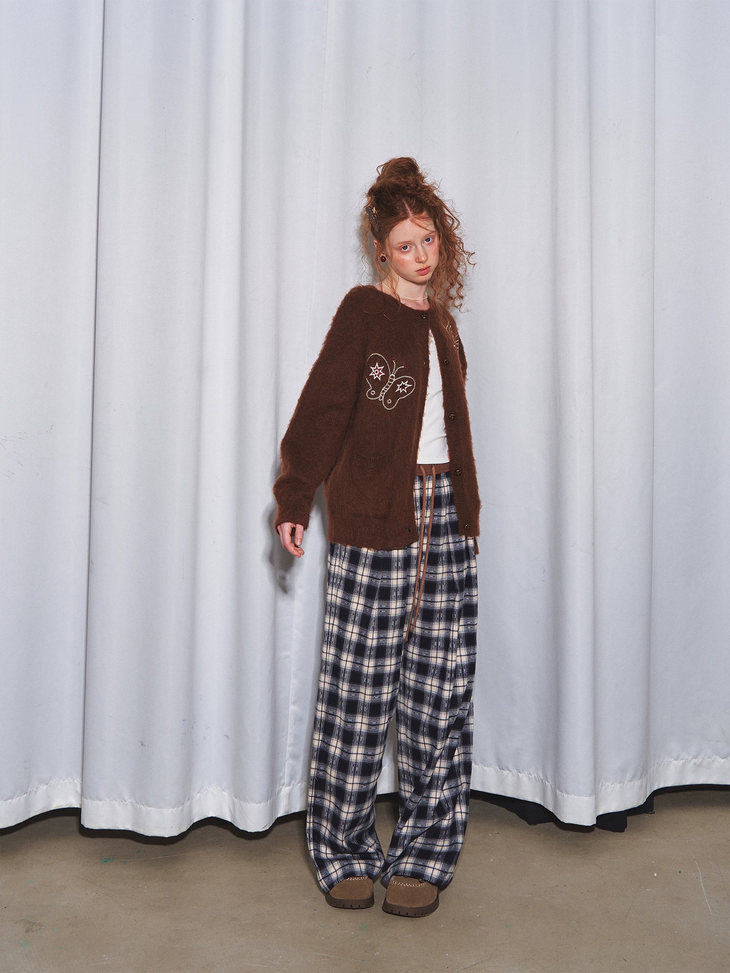 Blue Relaxed Plaid Wide-Leg Pants