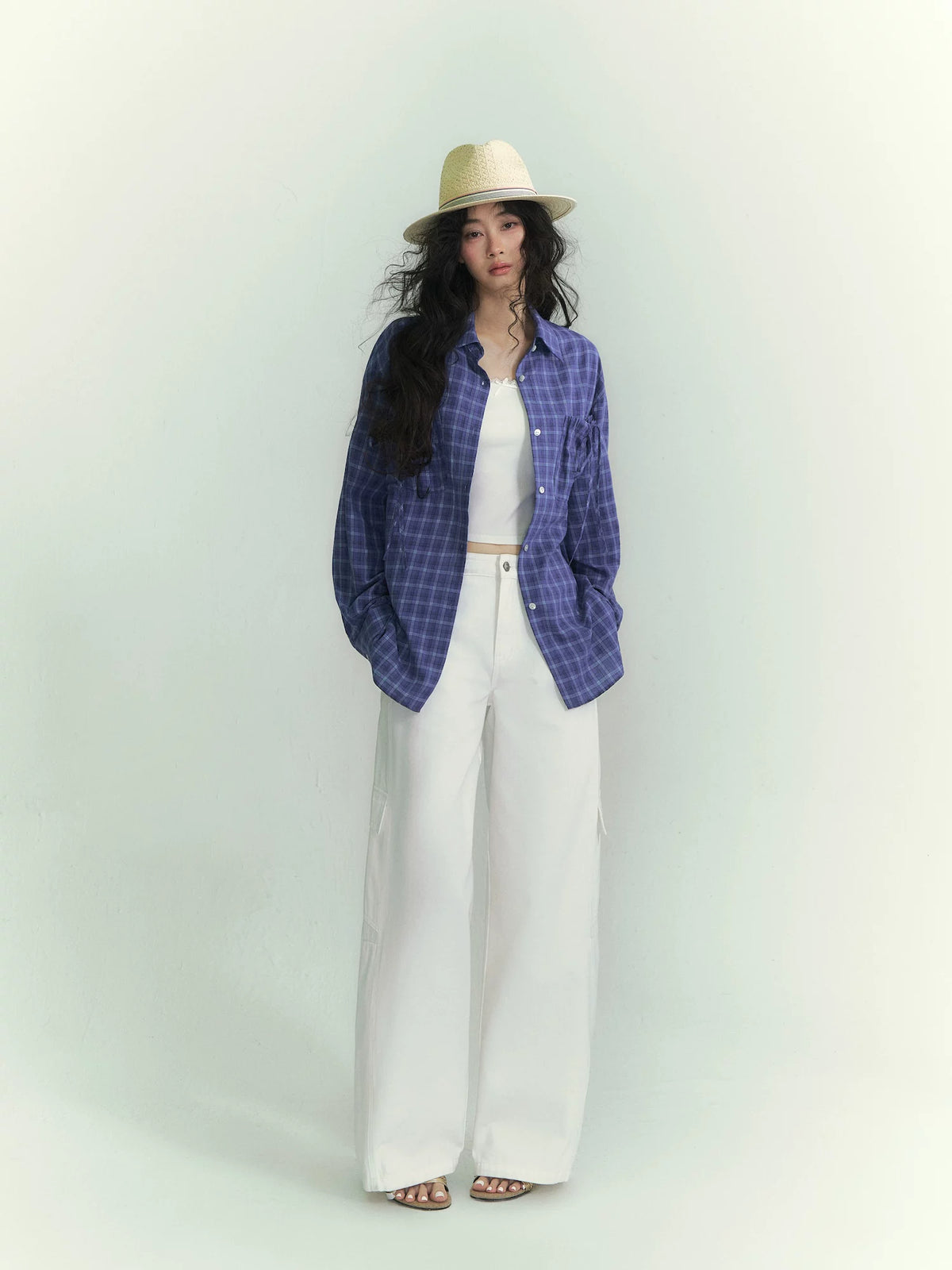 Drawstring Pocket Plaid Shirt