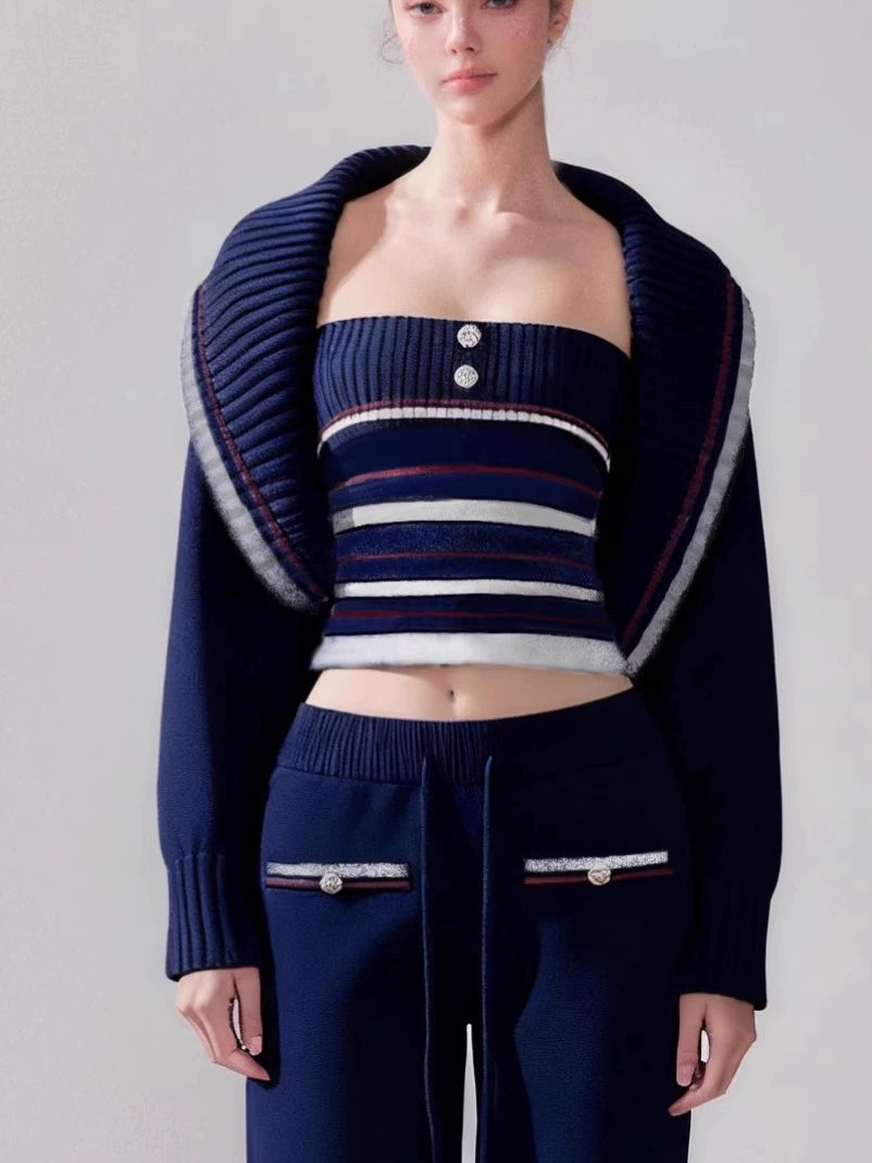 Navy Blue Striped Oversized Collar Knit Cardigan and Pants Set