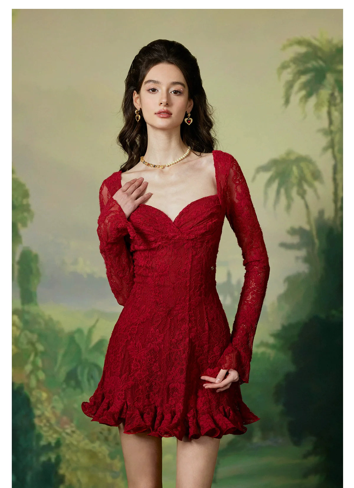 Laura Lace Waist-Cinched Long Sleeve Dress