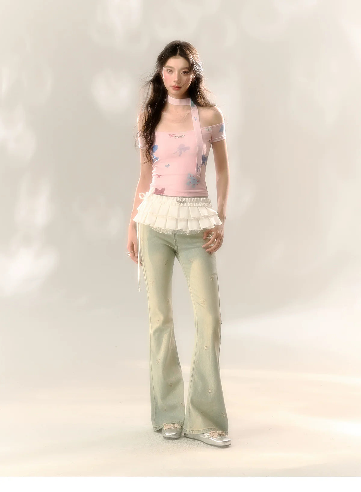 Red Polka Dot & Pink Butterfly Mesh One-shoulder T-shirt