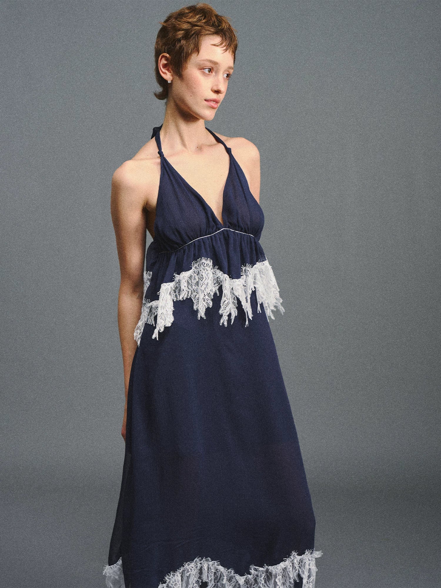 Navy Halter Lace Maxi Dress