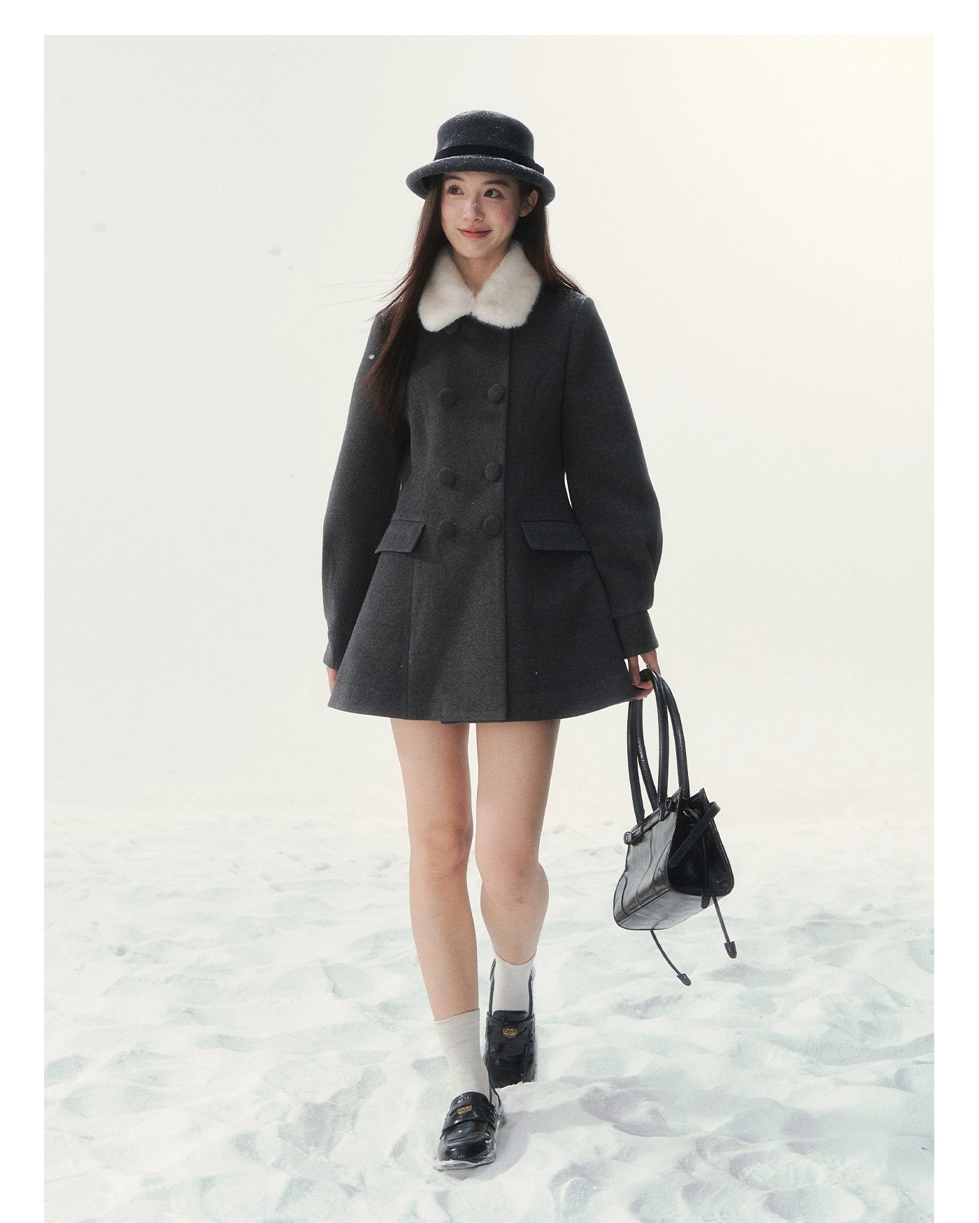 Double-Breasted Fur-Collar Coat Set