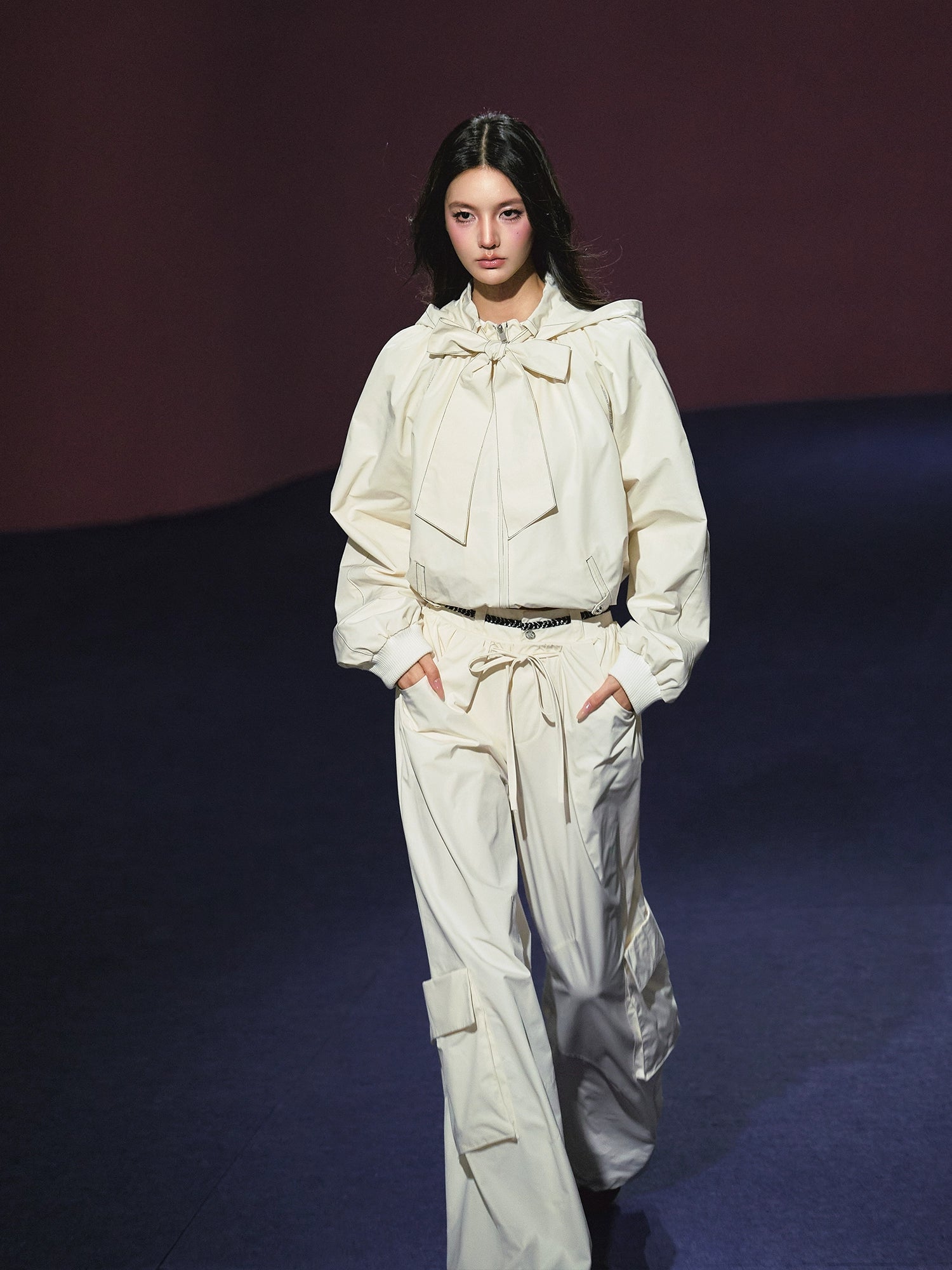 Neckline Tie Striped Sun-Protective Jacket & Pants Set