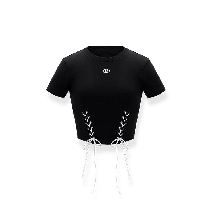 Color-Blocked Belted Straight-Shoulder Short Sleeve Top