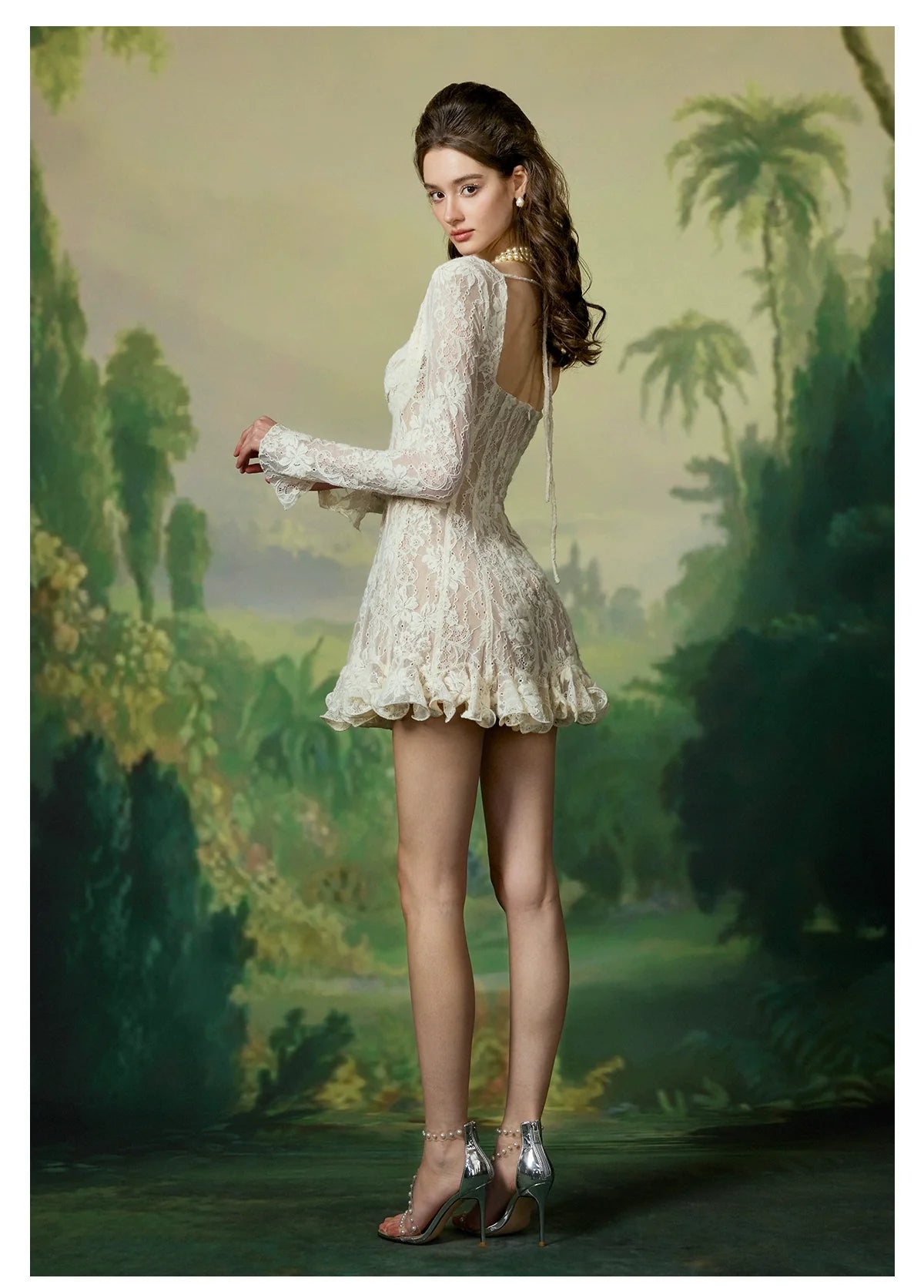 Laura Lace Waist-Cinched Long Sleeve Dress